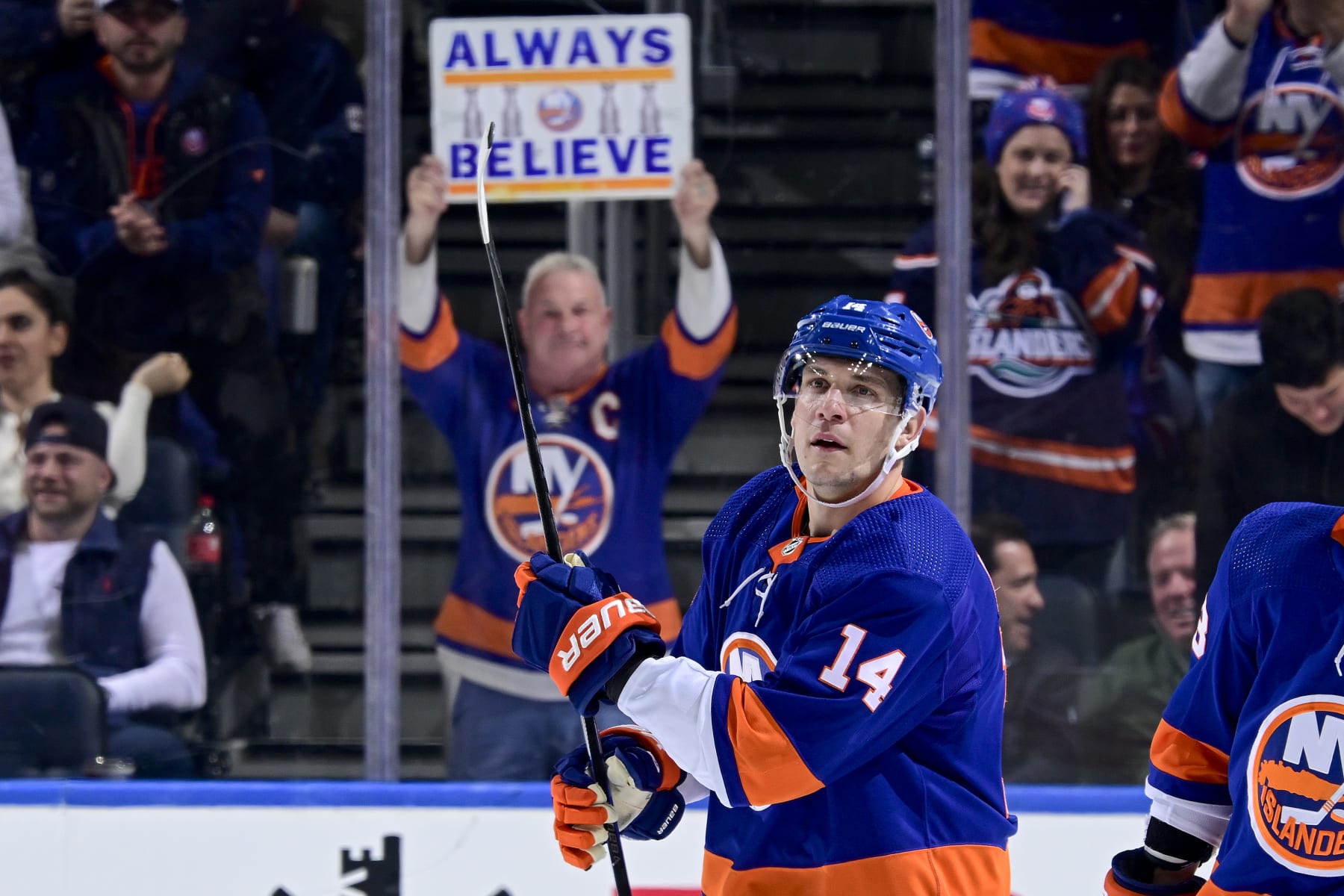 ELMONT, NEW YORK - APRIL 09: Bo Horvat #14 of the New York Islanders celebrates after scoring a goal against the New York Rangers during the first period at UBS Arena on April 09, 2024 in Elmont, New York. (Photo by Steven Ryan/NHLI via Getty Images)