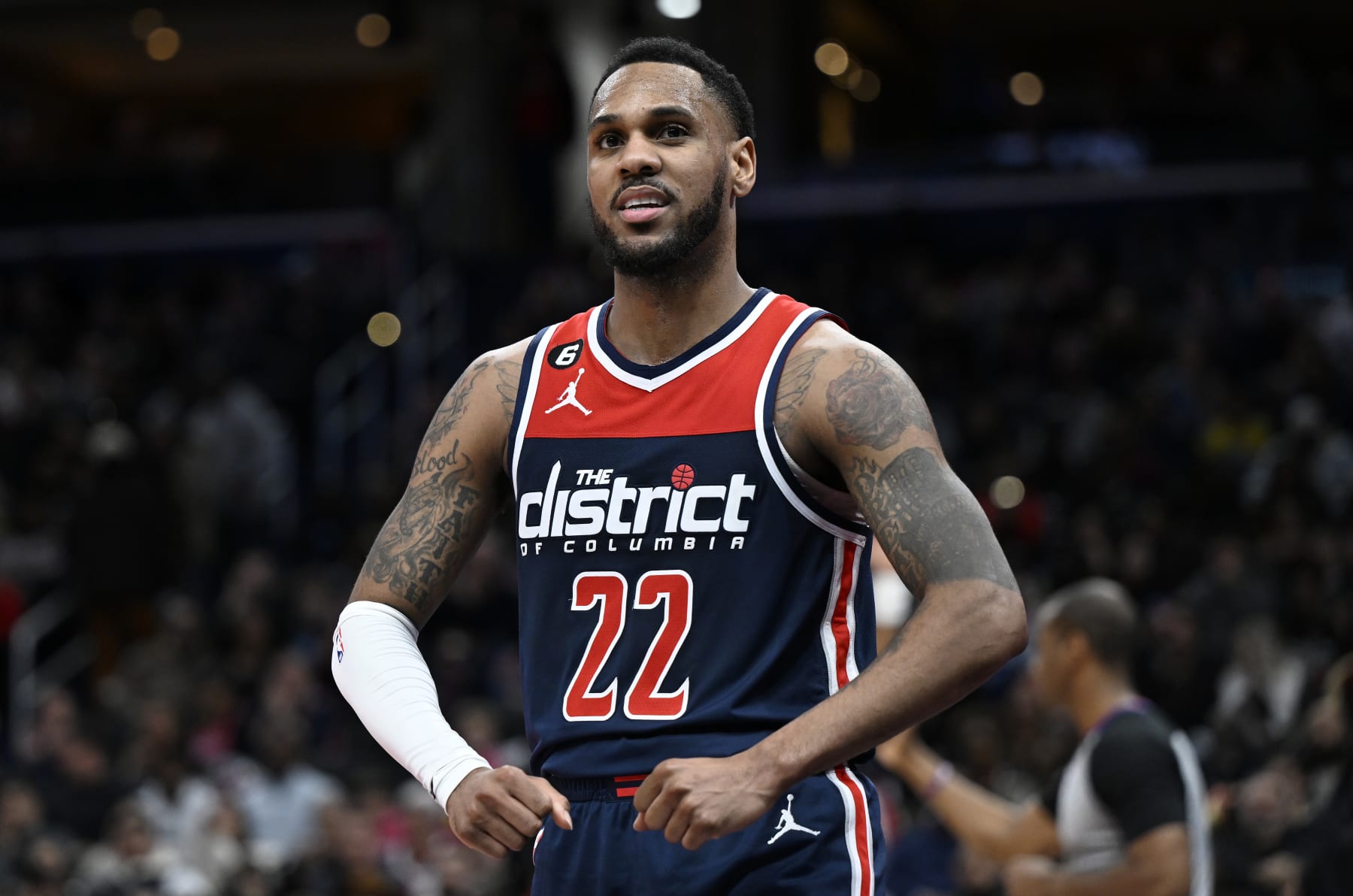 WASHINGTON, DC - FEBRUARY 11: Monte Morris #22 of the Washington Wizards celebrates after scoring in the third quarter against the Indiana Pacers at Capital One Arena on February 11, 2023 in Washington, DC.  NOTE TO USER: User expressly acknowledges and agrees that, by downloading and or using this photograph, User is consenting to the terms and conditions of the Getty Images License Agreement.  (Photo by Greg Fiume/Getty Images)