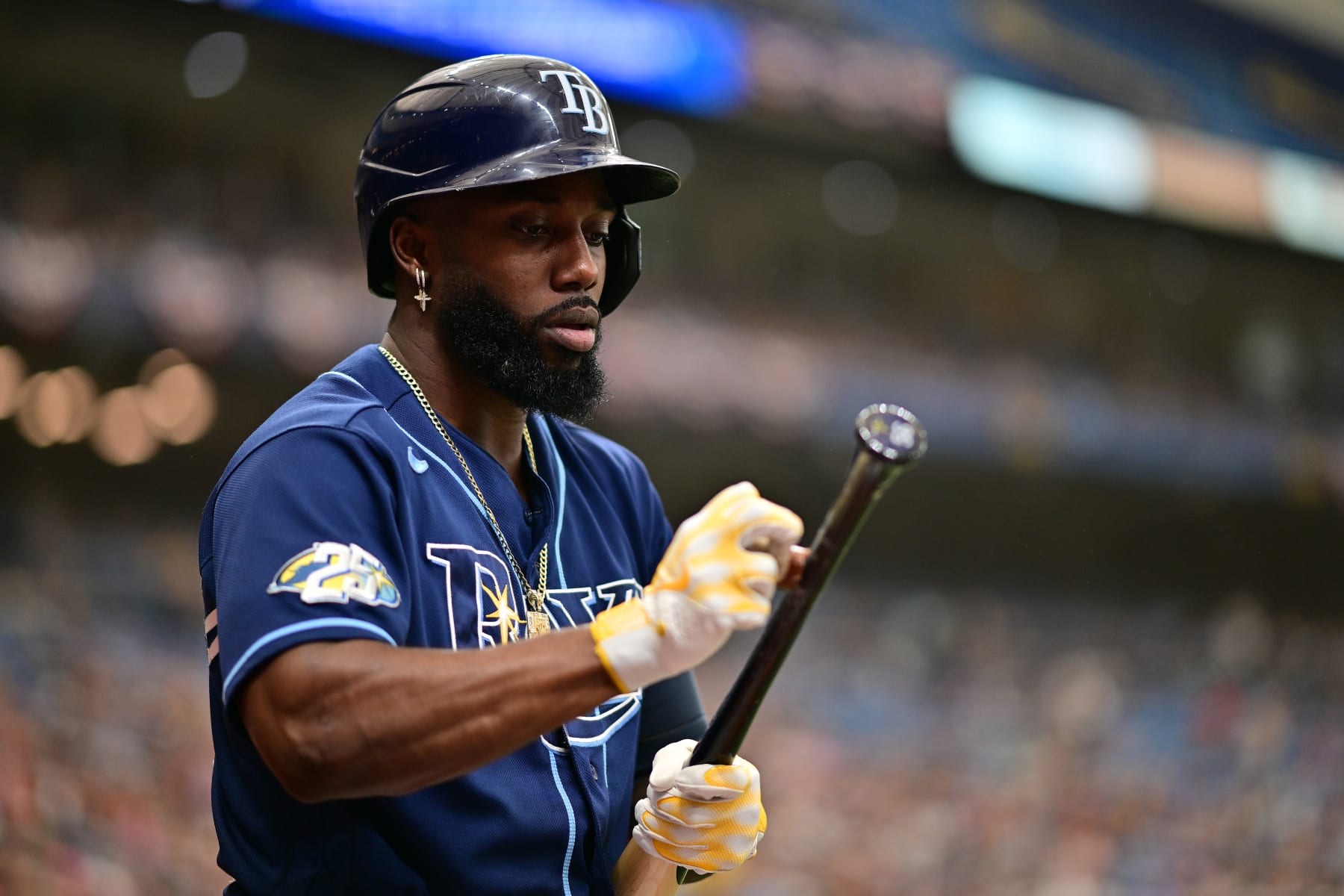 ST PETERSBURG, FLORIDA - OCTOBER 04: Randy Arozarena #56 of the Tampa Bay Rays prepares to bat in the first inning against the Texas Rangers during Game Two of the Wild Card Series at Tropicana Field on October 04, 2023 in St Petersburg, Florida. (Photo by Julio Aguilar/Getty Images)