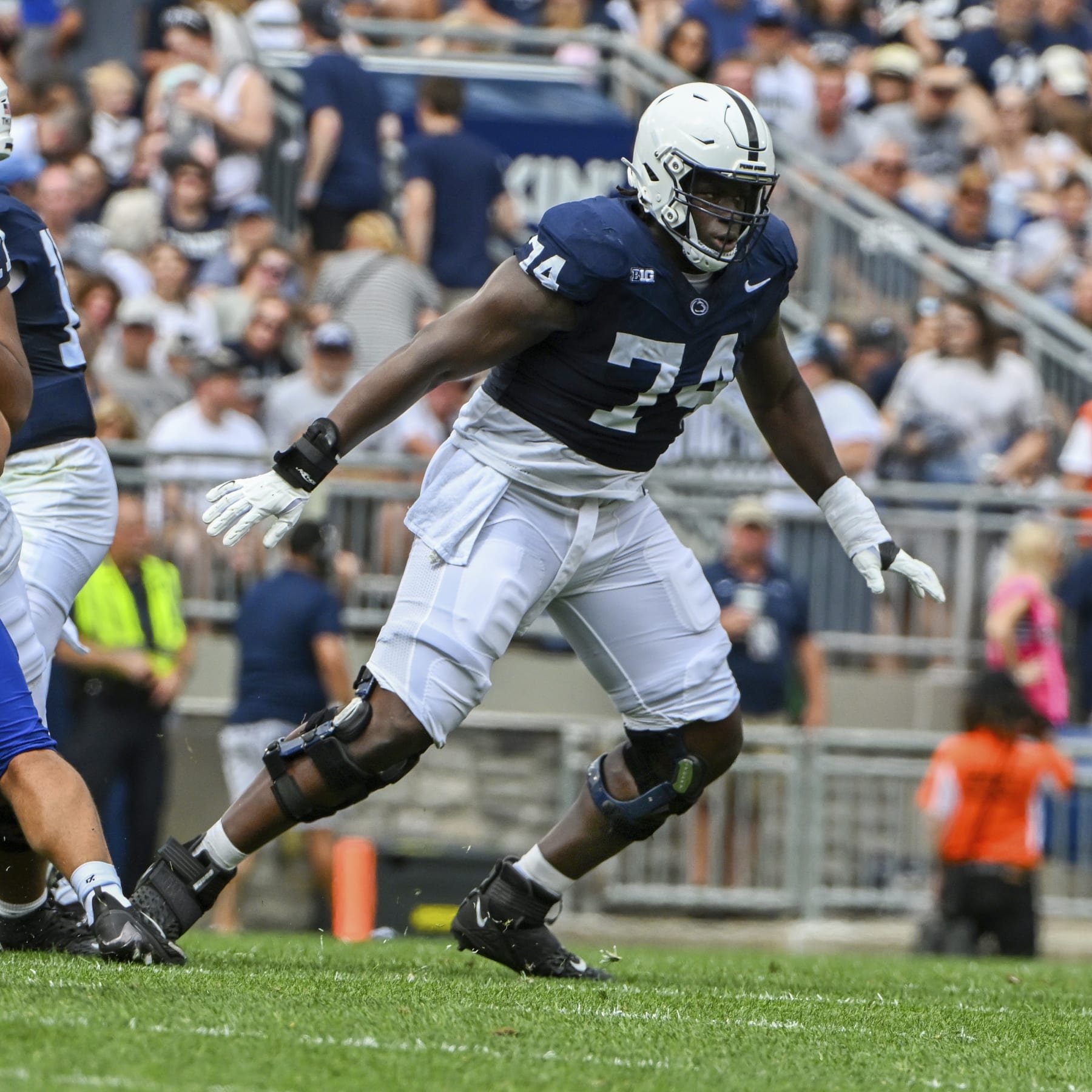 Penn State offensive lineman Olumuyiwa Fashanu (74) blocks against Delaware during the first half of an NCAA college football game, Saturday, Sept. 9, 2023, in State College, Pa. (AP Photo/Barry Reeger)