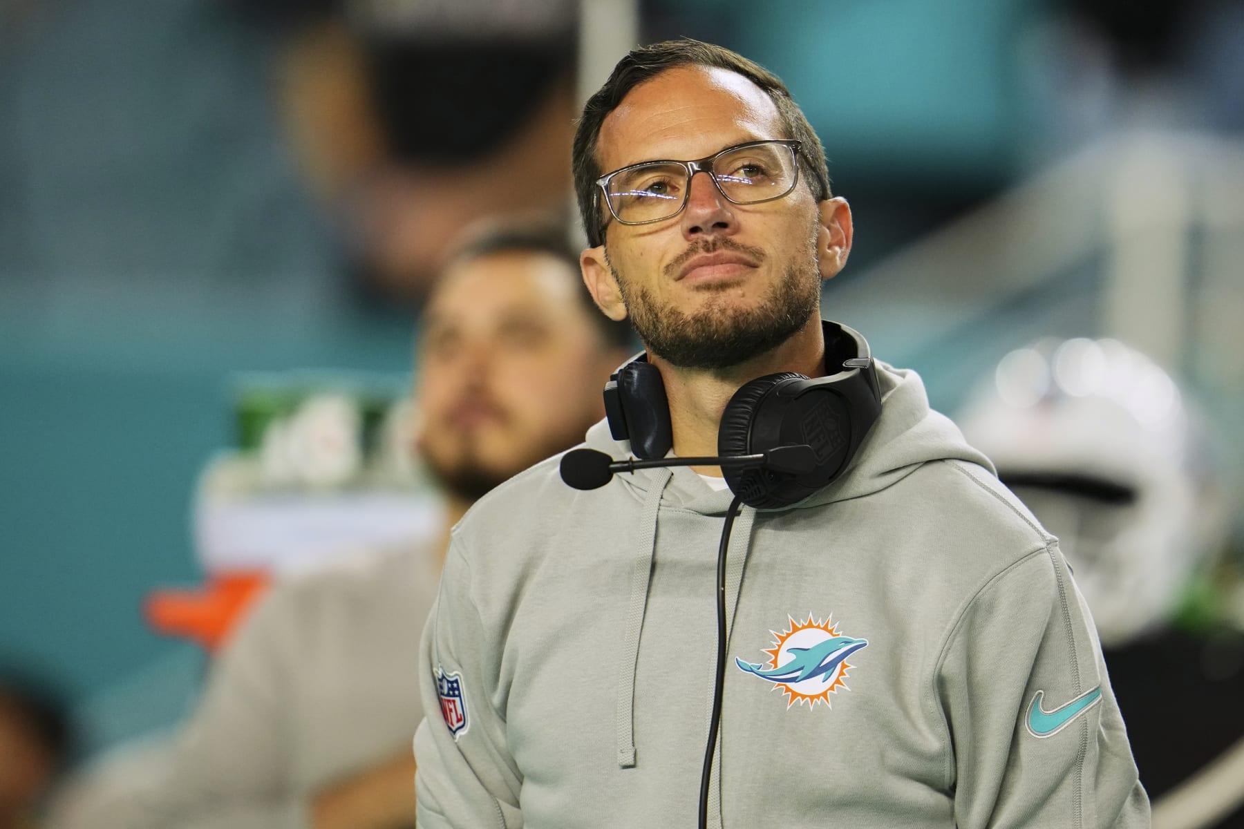 MIAMI GARDENS, FL - DECEMBER 11: Miami Dolphins head coach Mike McDaniel looks on before kickoff against the Tennessee Titans at Hard Rock Stadium on December 11, 2023 in Miami Gardens, Florida. (Photo by Cooper Neill/Getty Images)