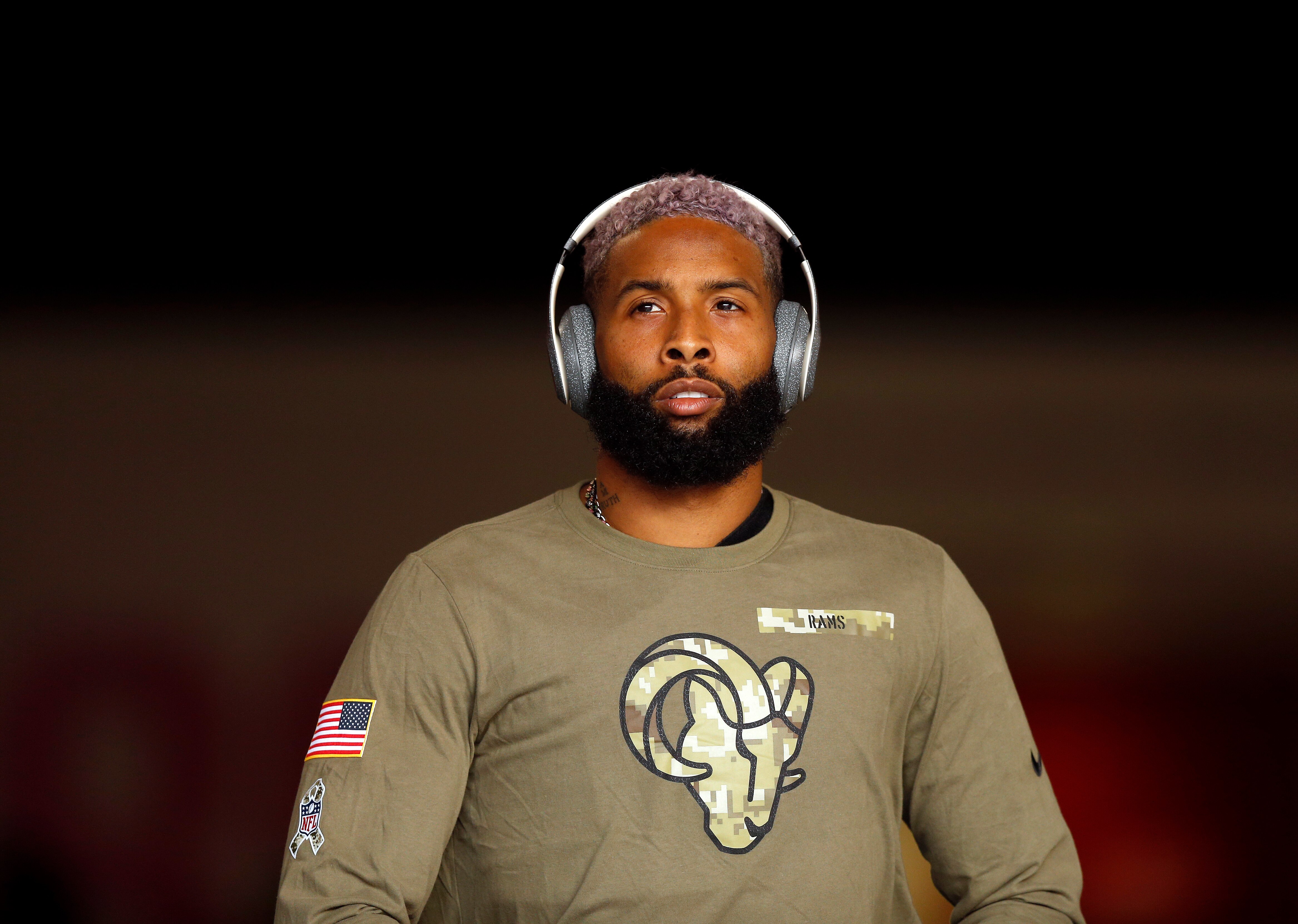 SANTA CLARA, CALIFORNIA - NOVEMBER 15:  Odell Beckham Jr. #3 of the Los Angeles Rams walks to the field before a game against the San Francisco 49ers at Levi's Stadium on November 15, 2021 in Santa Clara, California. (Photo by Lachlan Cunningham/Getty Images)