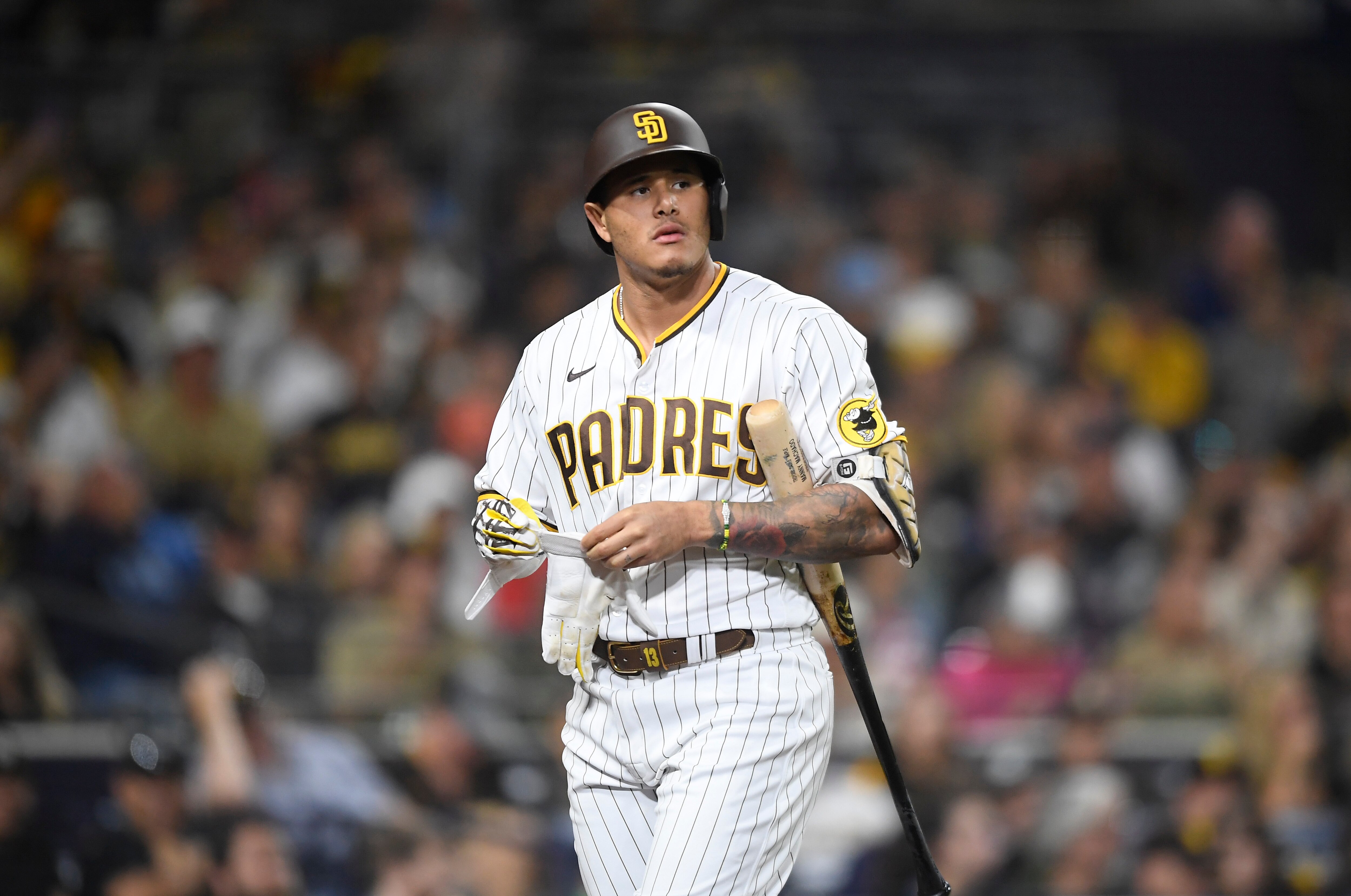 SAN DIEGO, CA - JULY 5: Manny Machado #13 of the San Diego Padres plays during a baseball game against the Washington Nationals at Petco Park on July 5, 2021 in San Diego, California.  (Photo by Denis Poroy/Getty Images)