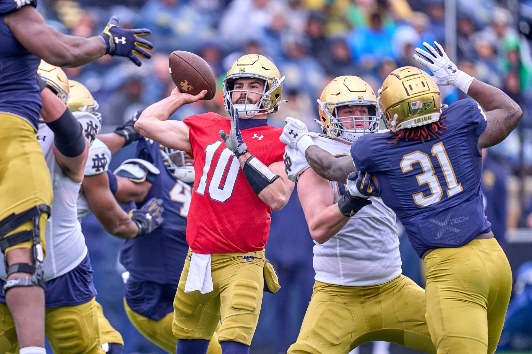 SOUTH BEND, INDIANA - APRIL 22: Notre Dame Fighting Irish quarterback Sam Hartman (10) throws the football during the Notre Dame Blue-Gold Spring Football Game at Notre Dame Stadium on April 22, 2023 in South Bend, Indiana. (Photo by Robin Alam/Icon Sportswire via Getty Images)