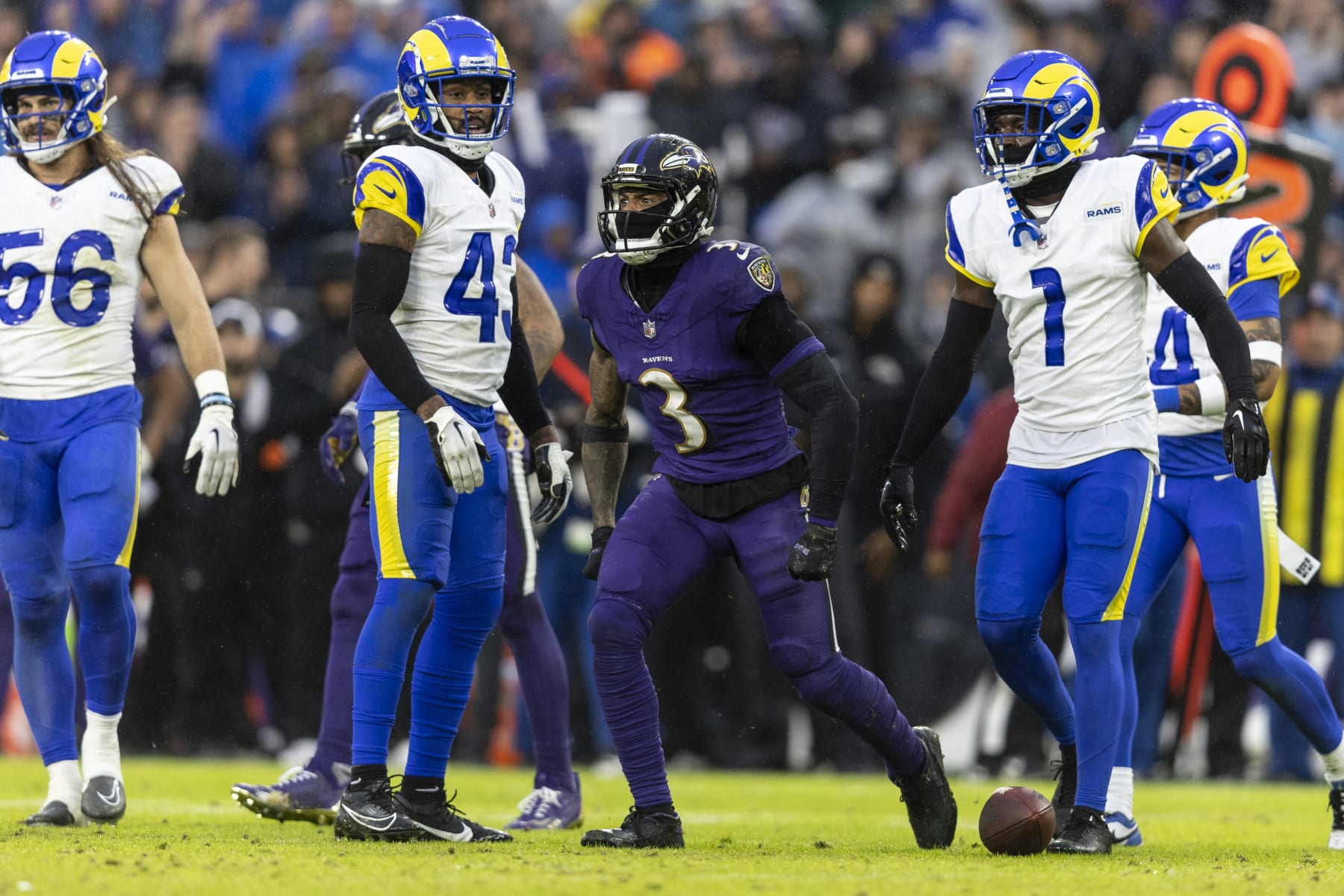 BALTIMORE, MARYLAND - DECEMBER 10: Odell Beckham Jr. #3 of the Baltimore Ravens reacts after completing a pass during an NFL football game between the Baltimore Ravens and the Los Angeles Rams at M&T Bank Stadium on December 10, 2023 in Baltimore, Maryland. (Photo by Michael Owens/Getty Images)