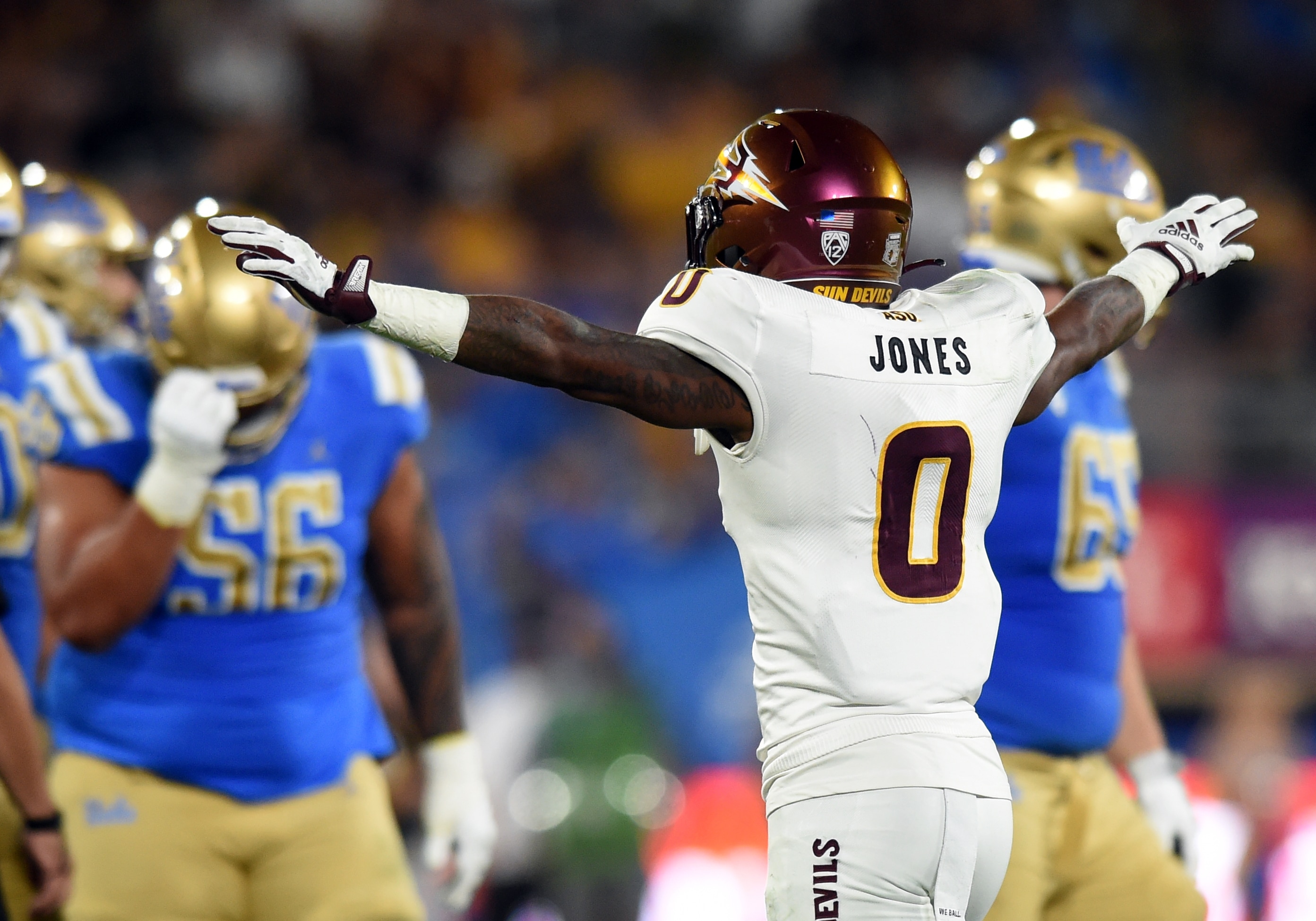 PASADENA, CA - OCTOBER 02: Arizona State defensive back Jack Jones (0) celebrates after UCLA misses a field goal attempt during a college football game between the Arizona State Sun Devils and the UCLA Bruins on October 02, 2021, at the Rose Bowl in Pasadena, CA. (Photo by Chris Williams/Icon Sportswire via Getty Images)