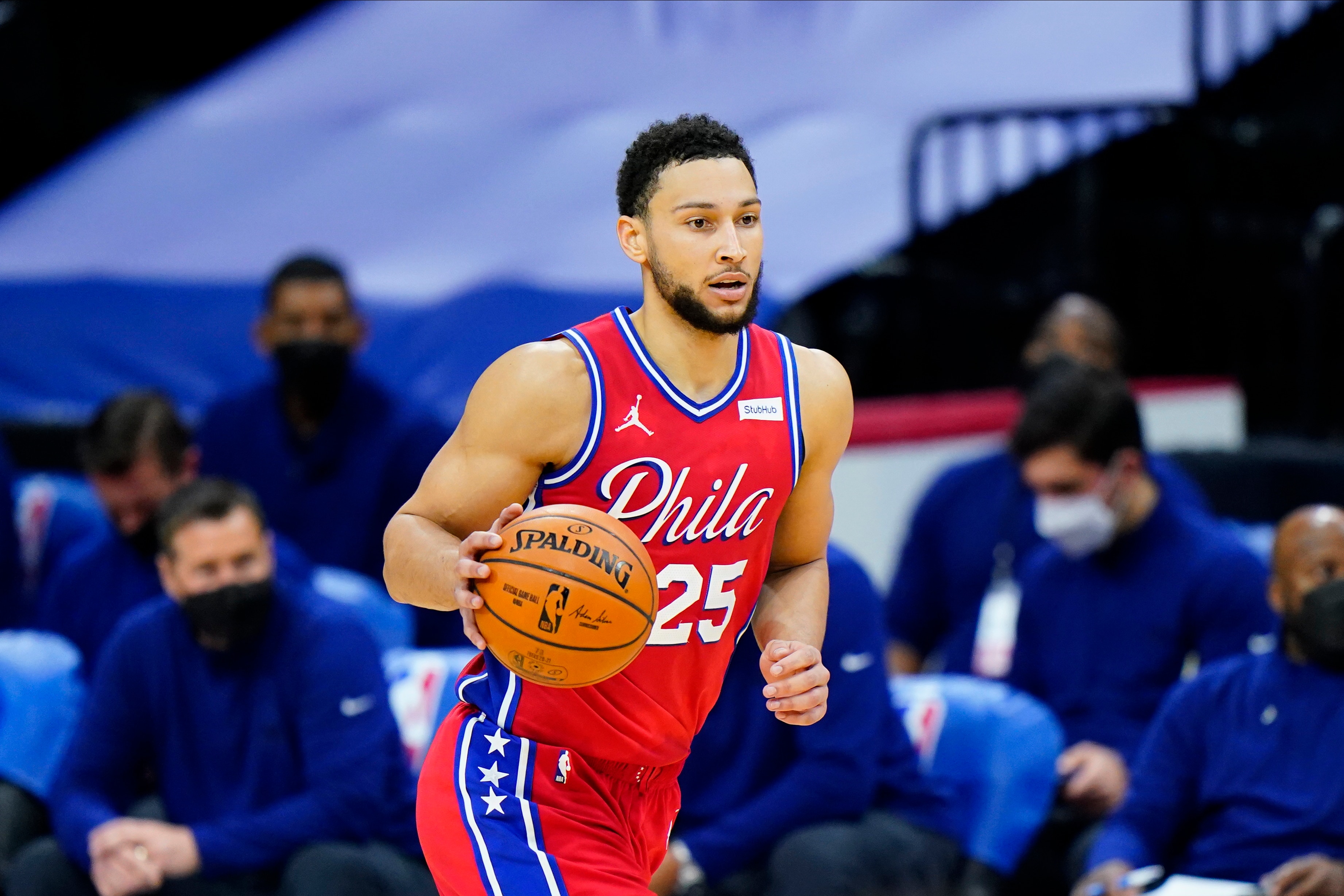 Philadelphia 76ers' Ben Simmons plays during an NBA basketball game against the Dallas Mavericks, Thursday, Feb. 25, 2021, in Philadelphia. (AP Photo/Matt Slocum)