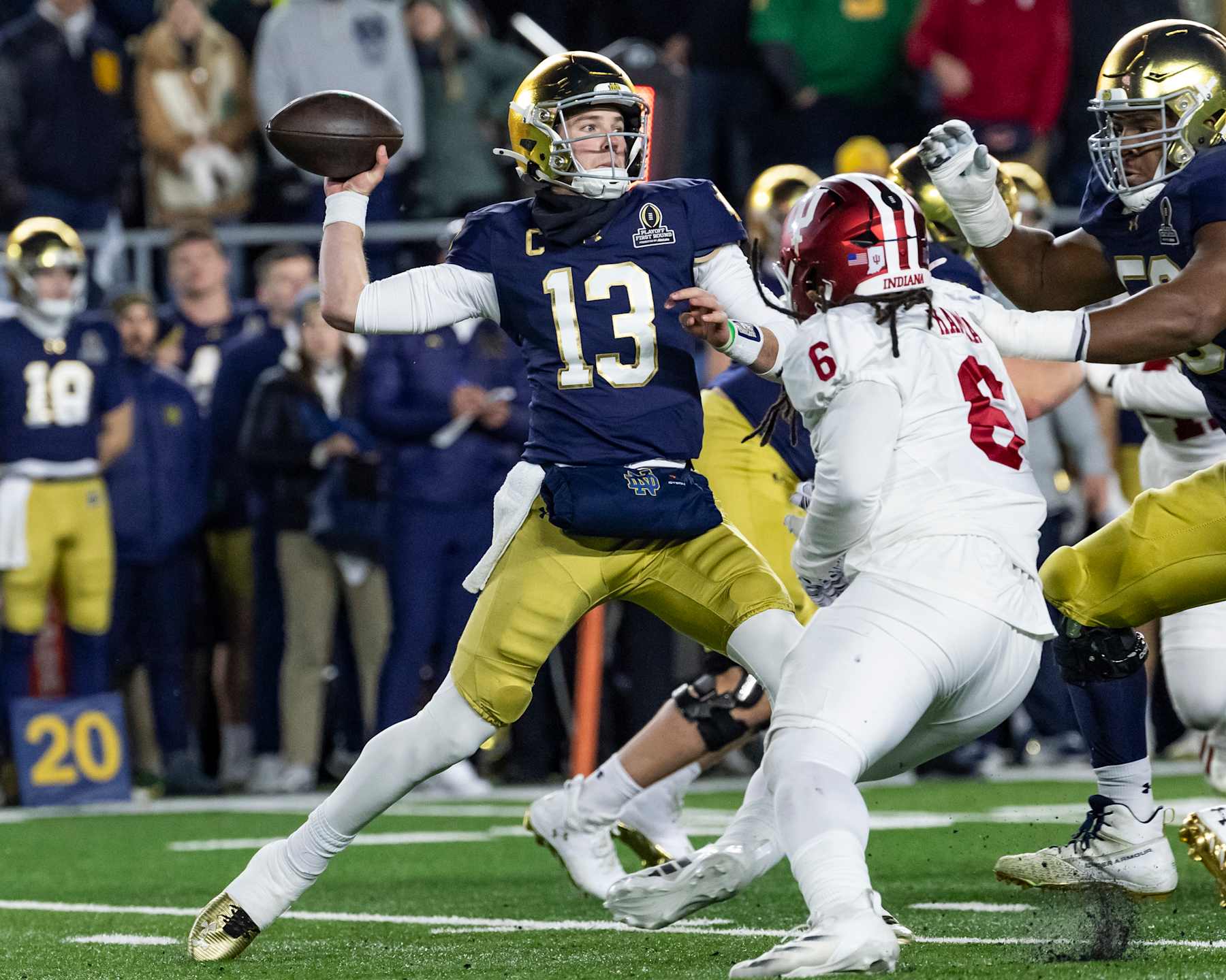 SOUTH BEND, INDIANA - DECEMBER 20: Riley Leonard #13 of the Notre Dame Fighting Irish passes the ball during a game between the Indiana Hoosiers and the Notre Dame Fighting Irish at Notre Dame Stadium on December 20, 2024 in South Bend, Indiana. (Photo by Steve Limentani/ISI Photos/Getty Images)