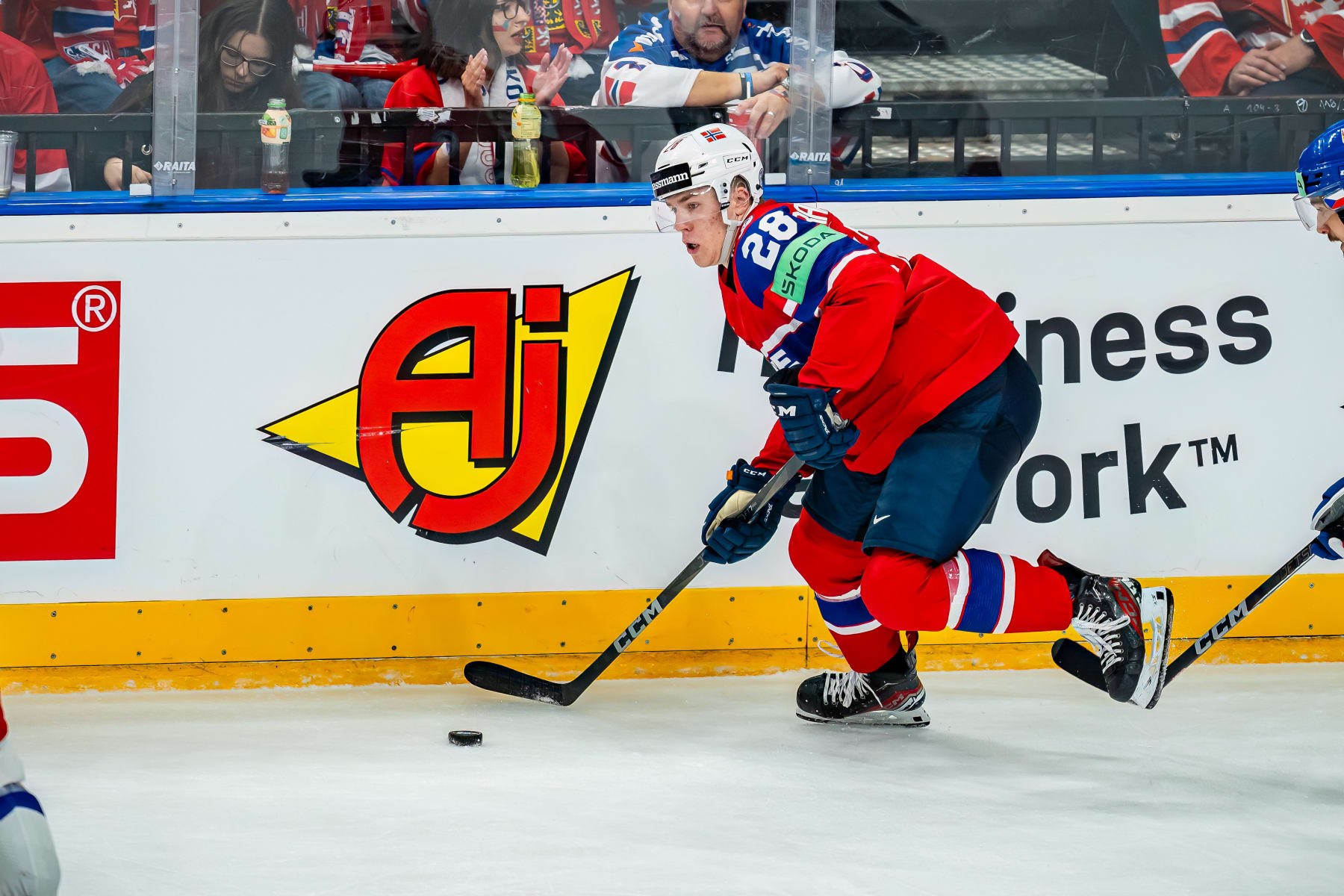 PRAGUE, CZECH REPUBLIC - MAY 11: Michael Brandsegg-Nygard of Norway controll the puck during the 2024 IIHF Ice Hockey World Championship Czechia match between Norway and Czechia on May 11, 2024 in Prague, Czech Republic. (Photo by Pasi Suokko/Apollo Photo/DeFodi Images via Getty Images)