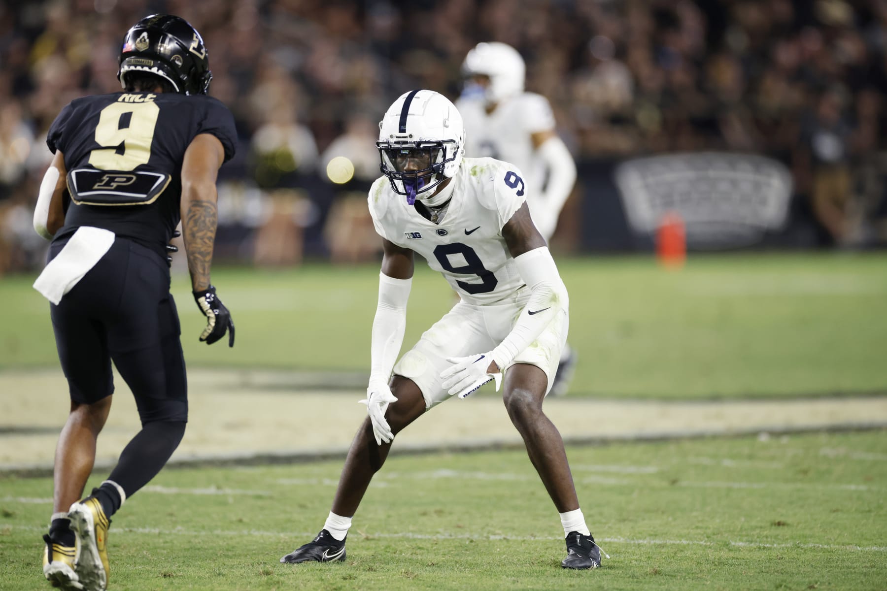 WEST LAFAYETTE, IN - SEPTEMBER 01: Penn State Nittany Lions cornerback Joey Porter Jr. (9) lines up on defense during an NCAA football game against the Purdue Boilermakers on September 1, 2022 at Ross-Ade Stadium in West Lafayette, Indiana. (Photo by Joe Robbins/Icon Sportswire via Getty Images)