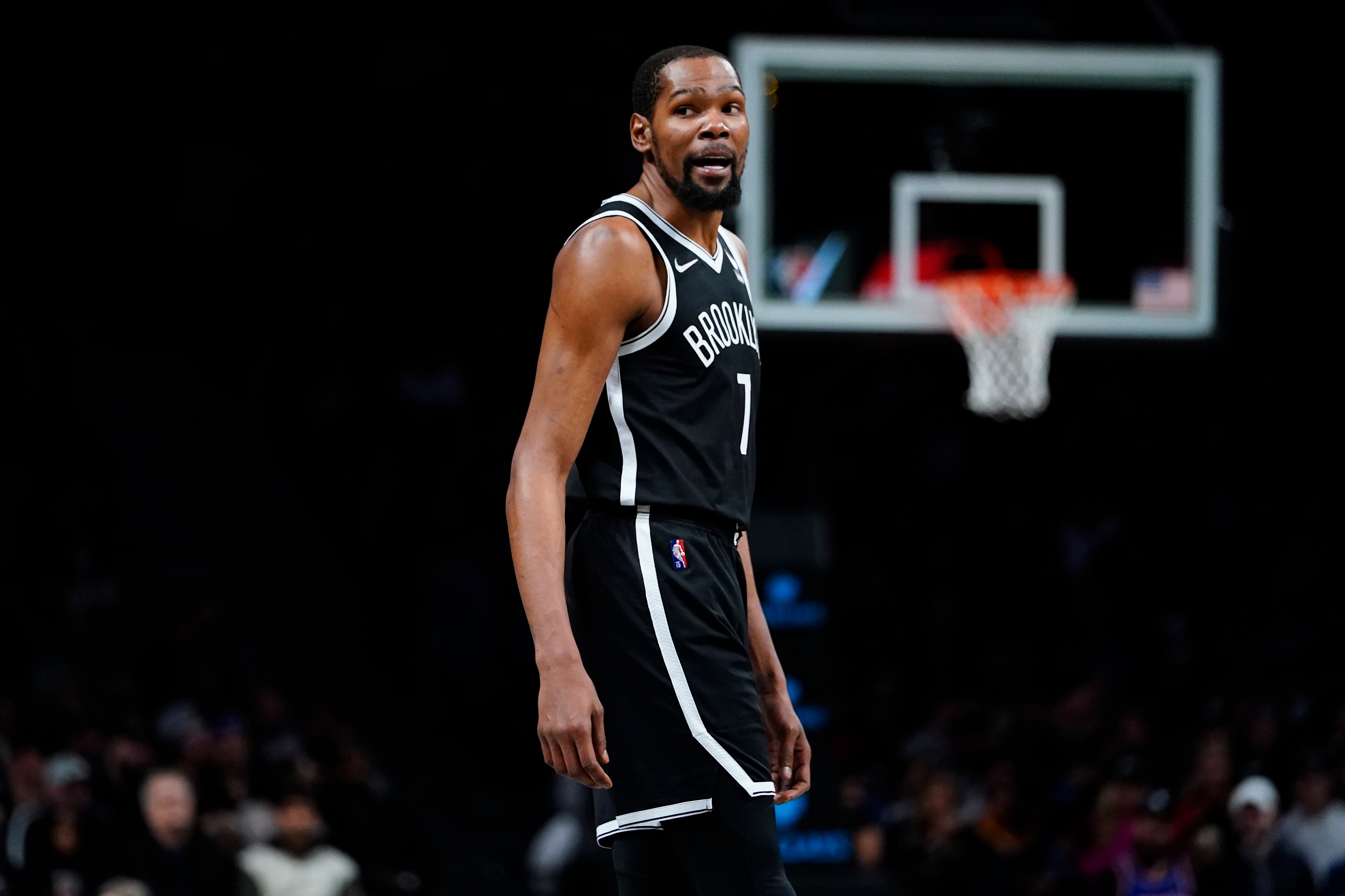 Brooklyn Nets' Kevin Durant (7) argues a call during the first half of an NBA basketball game against the Detroit Pistons Tuesday, March 29, 2022 in New York. (AP Photo/Frank Franklin II) Brooklyn Nets' Kevin Durant (7) argues a call during the first half of an NBA basketball game against the Detroit Pistons Tuesday, March 29, 2022 in New York. (AP Photo/Frank Franklin II)