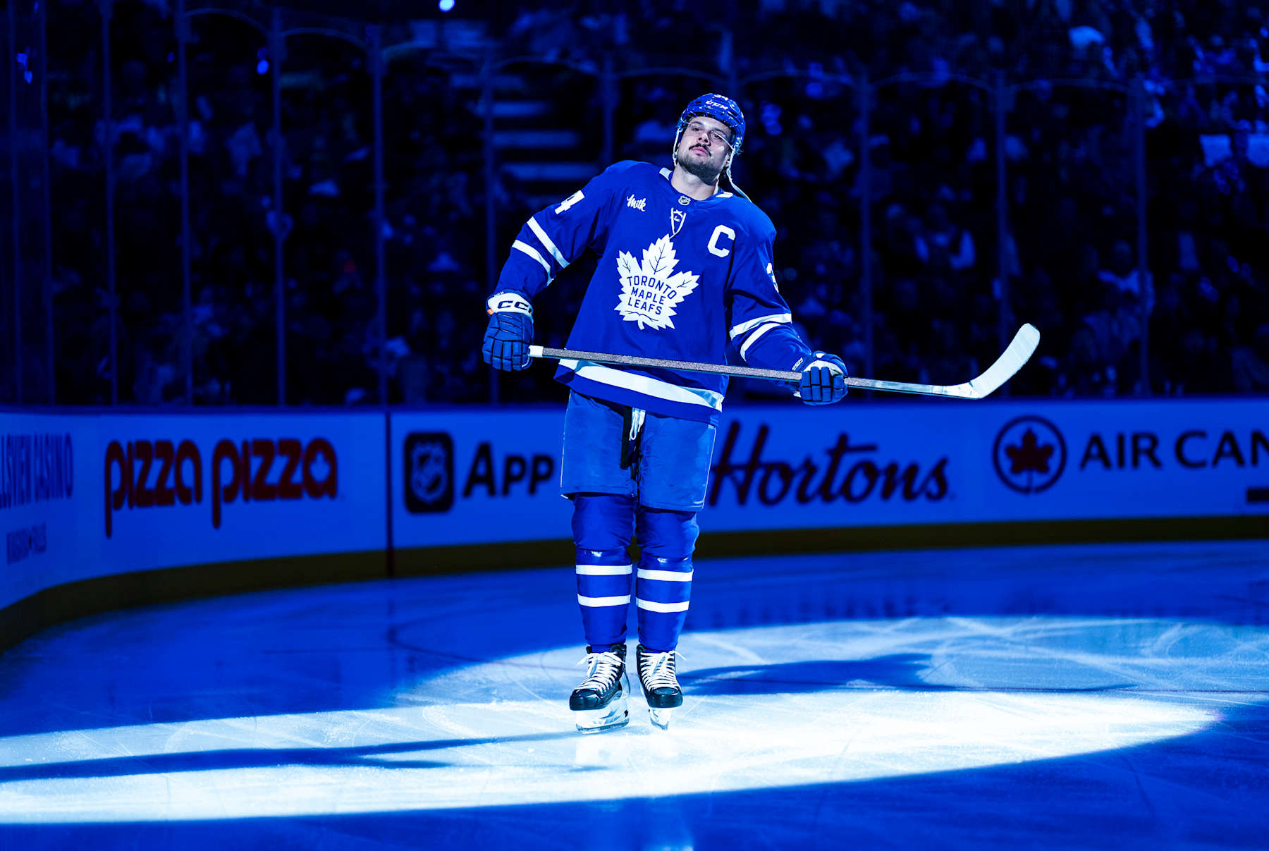 TORONTO, ON - OCTOBER 12: Auston Matthews #34 of the Toronto Maple Leafs skates during player introductions ahead of playing the Pittsburgh Penguins at the Scotiabank Arena on October 12, 2024 in Toronto, Ontario, Canada. (Photo by Mark Blinch/NHLI via Getty Images)