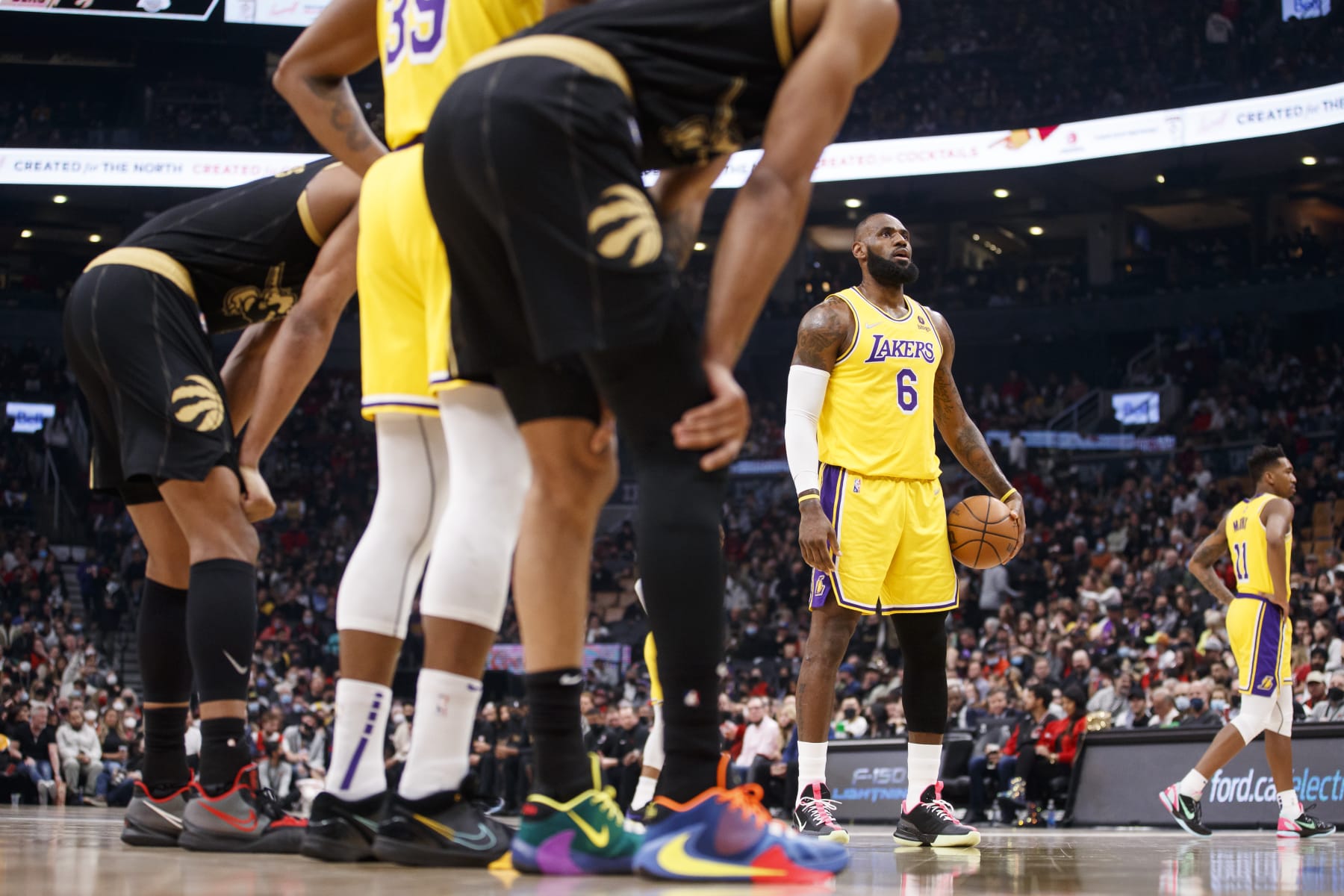 TORONTO, ON - MARCH 18: LeBron James #6 of the Los Angeles Lakers takes a free throw during the first half of their NBA game at Scotiabank Arena on March 18, 2022 in Toronto, Canada. NOTE TO USER: User expressly acknowledges and agrees that, by downloading and or using this Photograph, user is consenting to the terms and conditions of the Getty Images License Agreement. (Photo by Cole Burston/Getty Images)