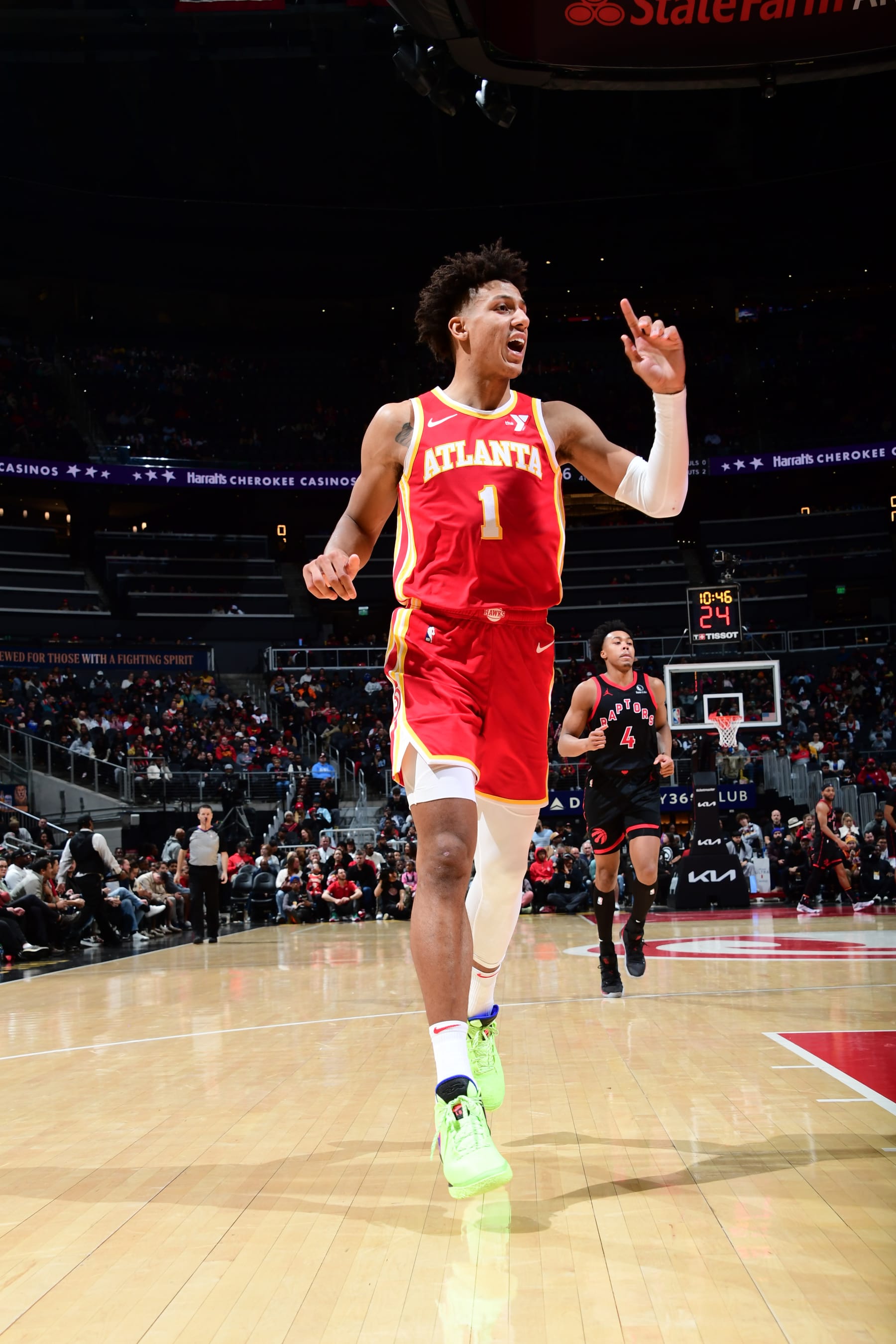 ATLANTA, GA - JANUARY 28: Jalen Johnson #1 of the Atlanta Hawks looks on during the game against the Toronto Raptors on January 28, 2024 at State Farm Arena in Atlanta, Georgia.  NOTE TO USER: User expressly acknowledges and agrees that, by downloading and/or using this Photograph, user is consenting to the terms and conditions of the Getty Images License Agreement. Mandatory Copyright Notice: Copyright 2024 NBAE (Photo by Scott Cunningham/NBAE via Getty Images)