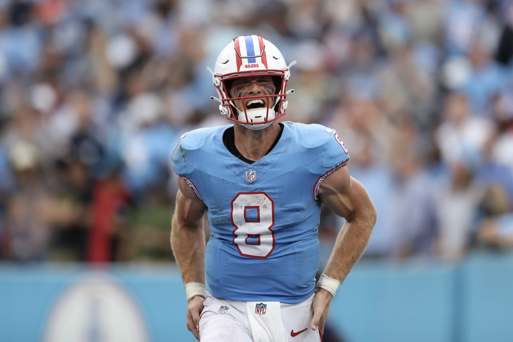 NASHVILLE, TENNESSEE - OCTOBER 29: Will Levis #8 of the Tennessee Titans celebrates after throwing a touchdown pass during the second half against the Atlanta Falcons at Nissan Stadium on October 29, 2023 in Nashville, Tennessee. (Photo by Justin Ford/Getty Images)