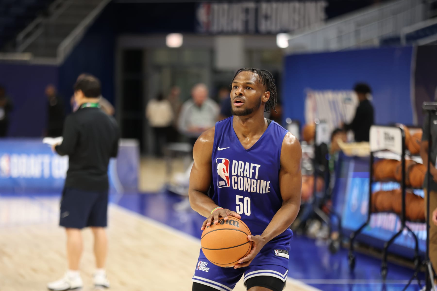 CHICAGO, IL - MAY 13: Bronny James shoots the ball during the 2024 NBA Combine on May 13, 2024 at Wintrust Arena in Chicago, Illinois. NOTE TO USER: User expressly acknowledges and agrees that, by downloading and or using this photograph, User is consenting to the terms and conditions of the Getty Images License Agreement. Mandatory Copyright Notice: Copyright 2024 NBAE (Photo by Jeff Haynes/NBAE via Getty Images)