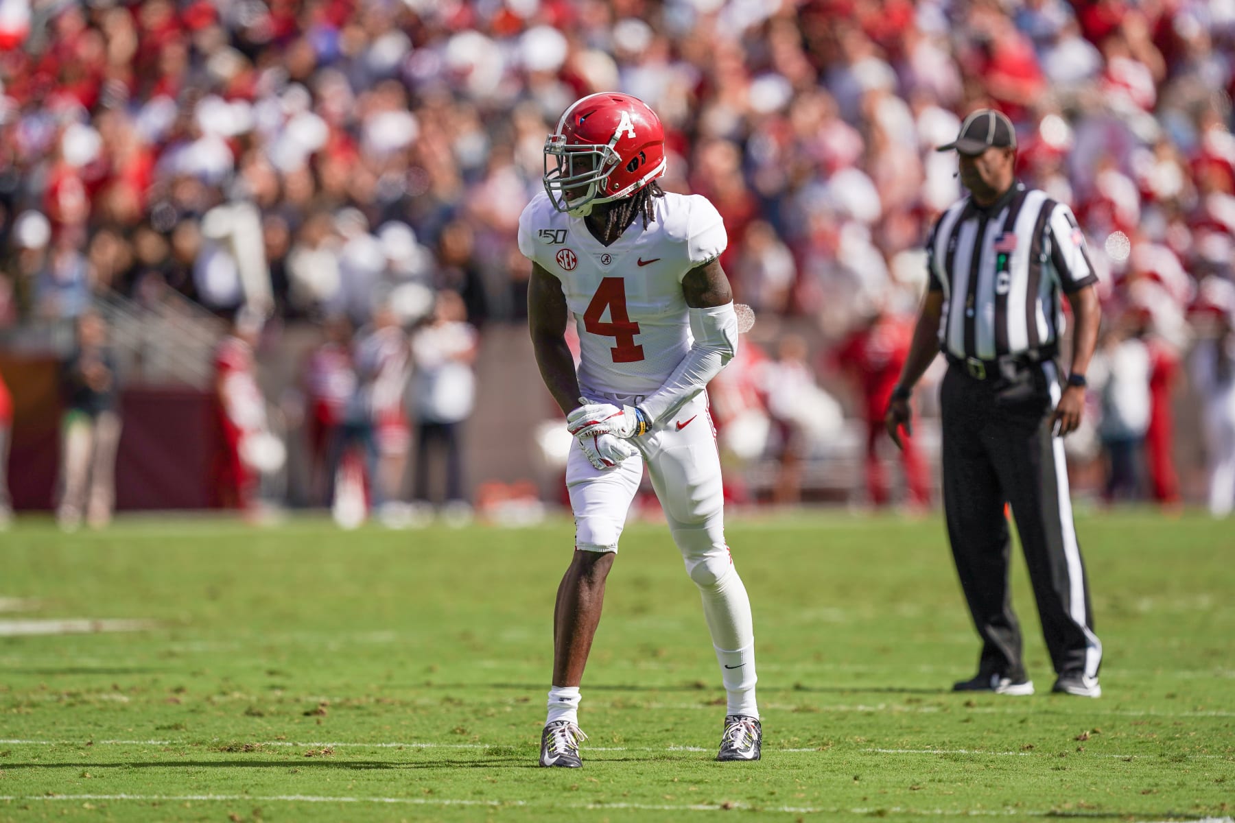 COLLEGE STATION, TX - OCTOBER 12: Alabama Crimson Tide wide receiver Jerry Jeudy (4) lines up during the college football game between the Alabama Crimson Tide and Texas A&M Aggies on October 12, 2019 at Kyle Field in College Station, Texas.  (Photo by Daniel Dunn/Icon Sportswire via Getty Images)