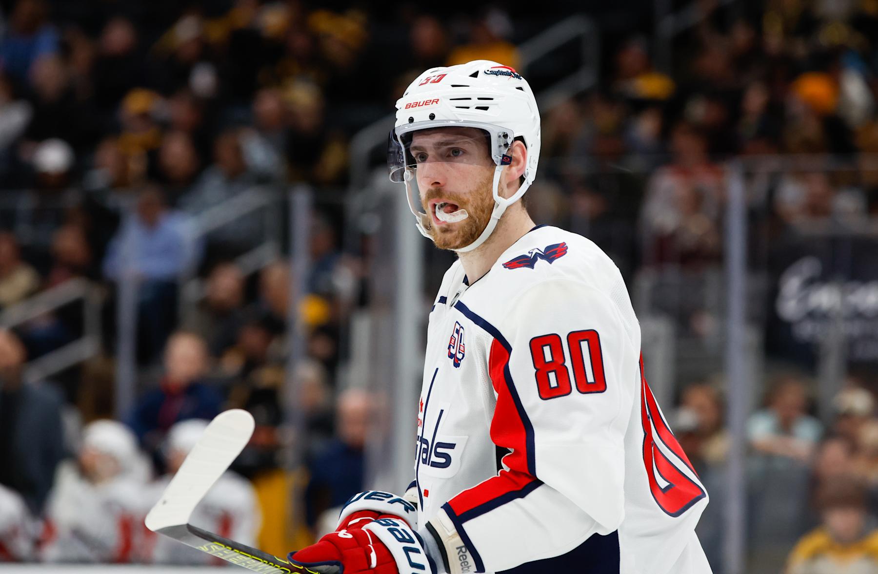BOSTON, MASSACHUSETTS - SEPTEMBER 24: Pierre-Luc Dubois #80 of the Washington Capitals skates against the Boston Bruins during the third period of a preseason game at the TD Garden on September 24, 2024 in Boston, Massachusetts. The Bruins won 4-2. (Photo by Richard T Gagnon/Getty Images)