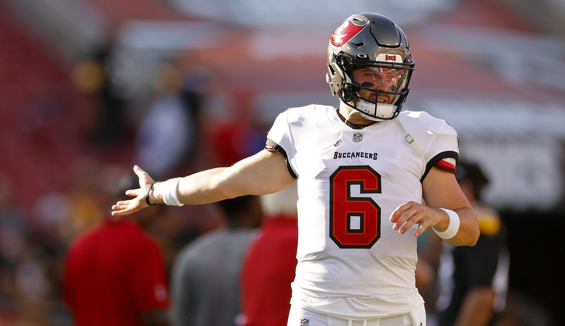 TAMPA, FLORIDA - AUGUST 11: Baker Mayfield #6 of the Tampa Bay Buccaneers warms up during a preseason game against the Pittsburgh Steelers at Raymond James Stadium on August 11, 2023 in Tampa, Florida. (Photo by Mike Ehrmann/Getty Images)