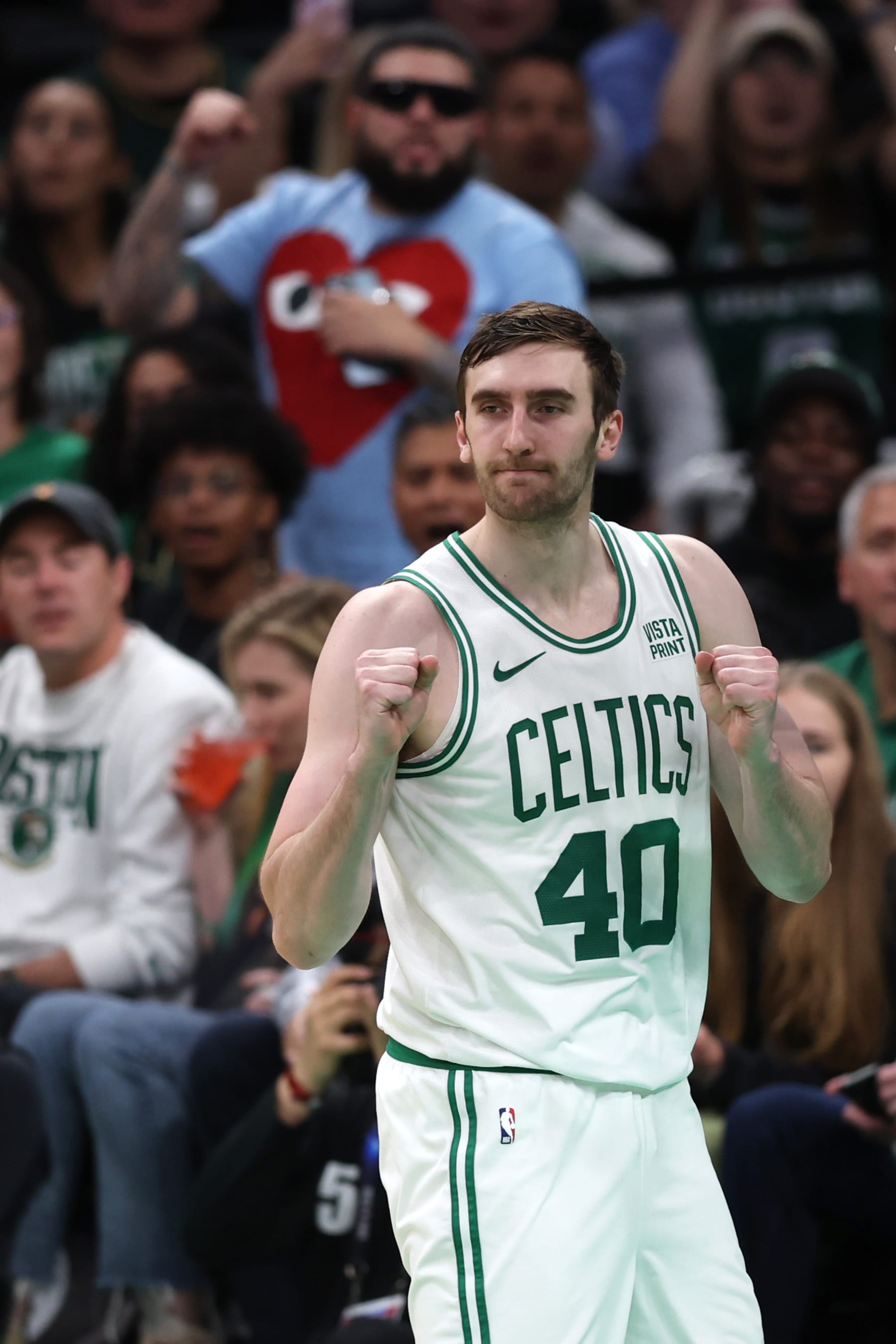 BOSTON, MASSACHUSETTS - MAY 21: Luke Kornet #40 of the Boston Celtics reacts during the third quarter against the Indiana Pacers in Game One of the Eastern Conference Finals at TD Garden on May 21, 2024 in Boston, Massachusetts. NOTE TO USER: User expressly acknowledges and agrees that, by downloading and or using this photograph, User is consenting to the terms and conditions of the Getty Images License Agreement. (Photo by Adam Glanzman/Getty Images)