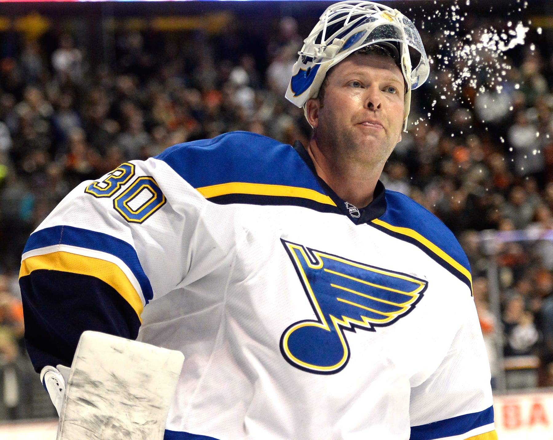 ANAHEIM, CA - JANUARY 02:  Martin Brodeur #30 of the St. Louis Blues reacts after a stop in play trailing 4-3 to the Anaheim Ducks during the third period at Honda Center on January 2, 2015 in Anaheim, California.  The Ducks won 4-3.  (Photo by Harry How/Getty Images)