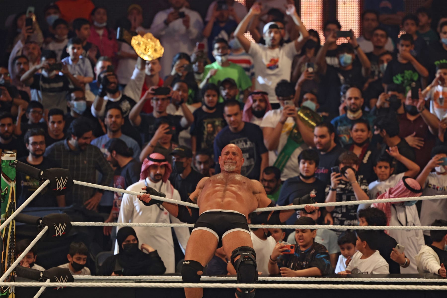 Goldberg stretches ahead of his match during the World Wrestling Entertainment (WWE) Crown Jewel pay-per-view in the Saudi capital Riyadh on October 21, 2021. (Photo by Fayez Nureldine / AFP) (Photo by FAYEZ NURELDINE/AFP via Getty Images)