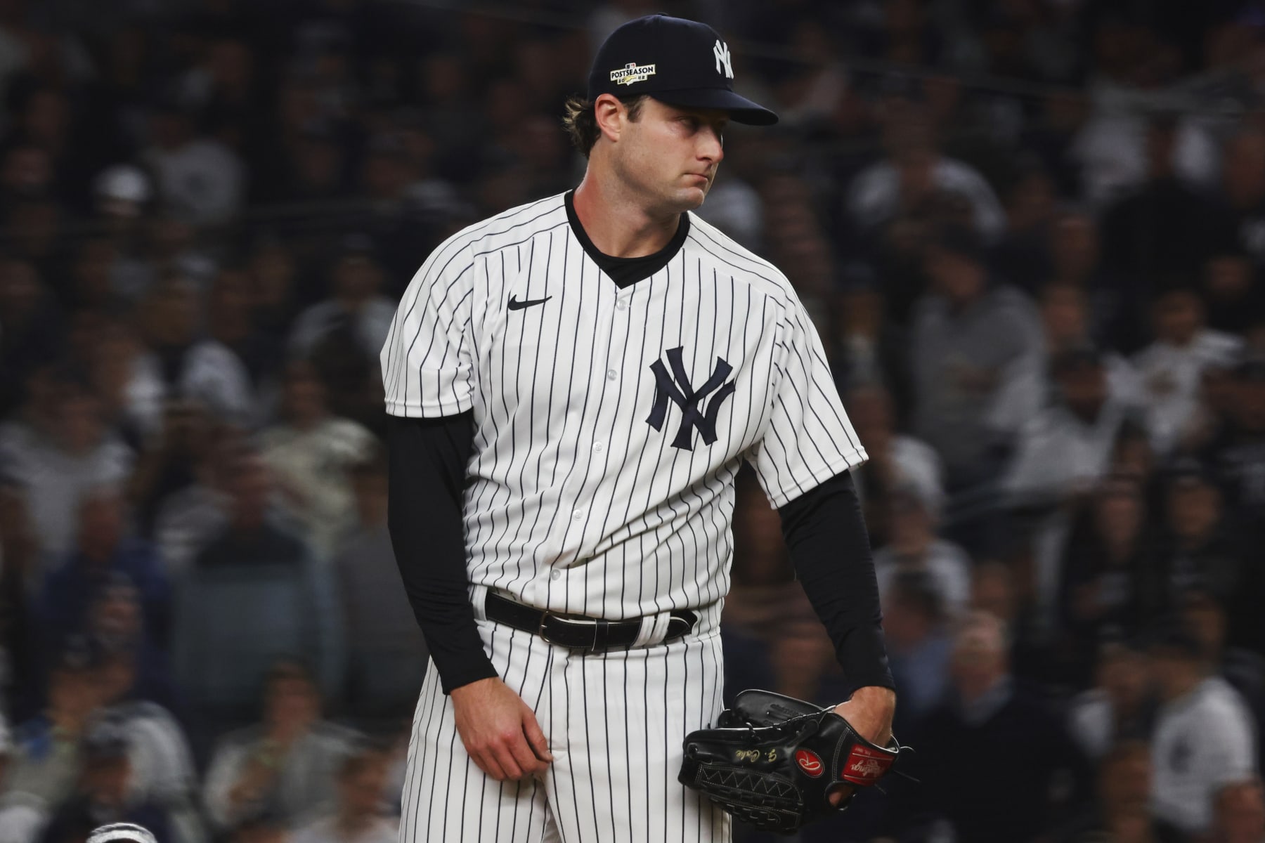 NEW YORK, NY - OCTOBER 11: Gerrit Cole #45 of the New York Yankees pitches in the first inning during the game between the Cleveland Guardians and the New York Yankees at Yankee Stadium on Tuesday, October 11, 2022 in New York, New York. (Photo by Mary DeCicco/MLB Photos via Getty Images)