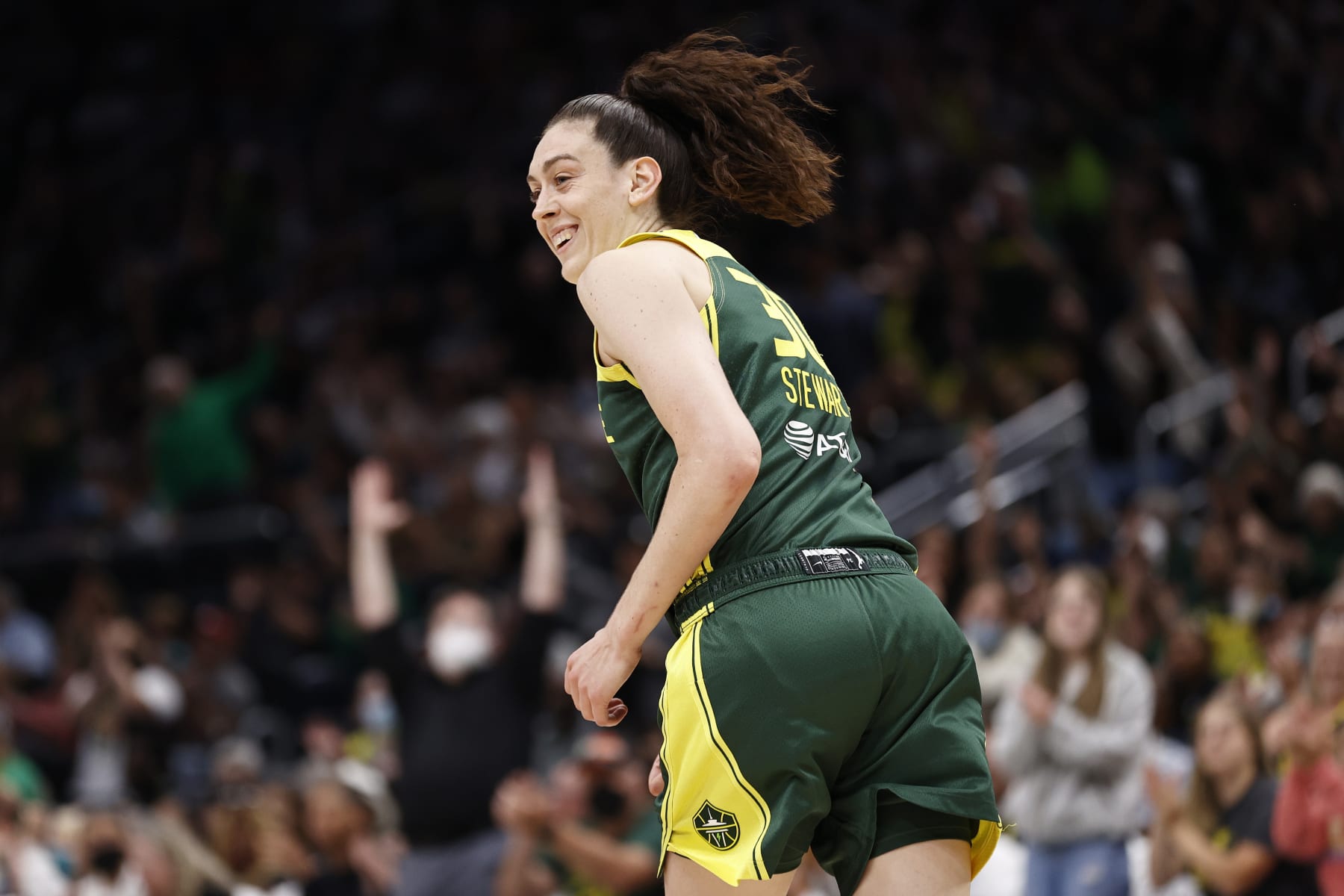 SEATTLE, WASHINGTON - AUGUST 03: Breanna Stewart #30 of the Seattle Storm reacts after her basket during the third quarter against the Minnesota Lynx at Climate Pledge Arena on August 03, 2022 in Seattle, Washington. (Photo by Steph Chambers/Getty Images)