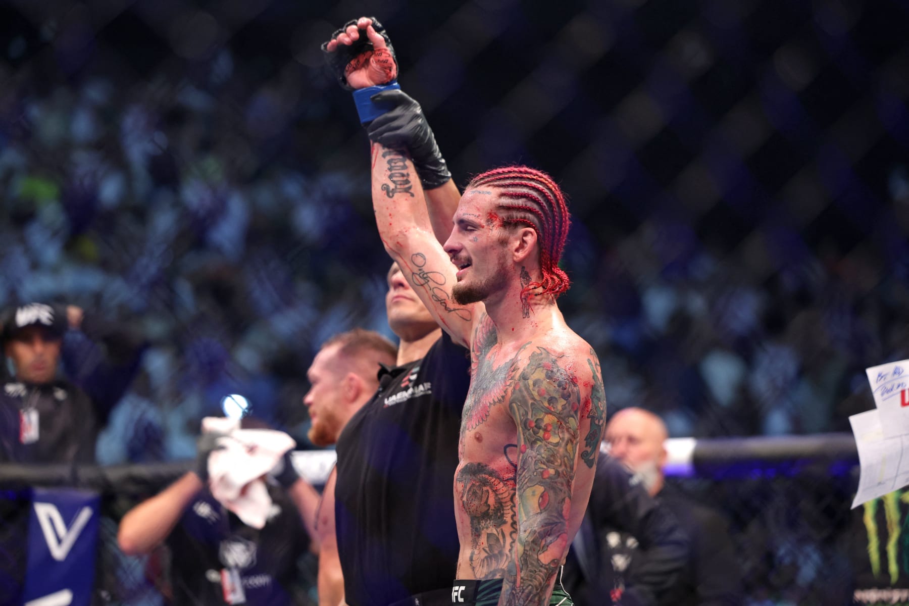 Sean O'Malley wins against Petr Yan in their bantamweight bout at the Ultimate Fighting Championship (UFC) event at the Etihad Arena in Abu Dhabi on October 22, 2022. (Photo by Giuseppe CACACE / AFP) (Photo by GIUSEPPE CACACE/AFP via Getty Images)
