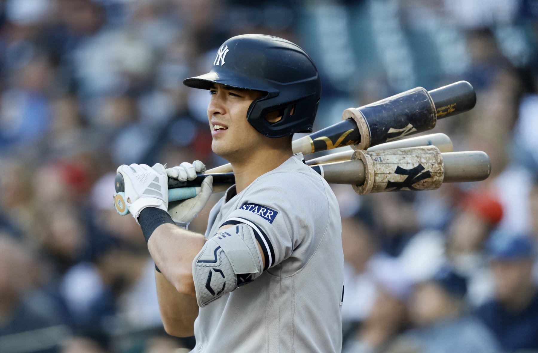 DETROIT, MI - AUGUST 30: Anthony Volpe #11 of the New York Yankees warms up to bat against the Detroit Tigers during the first inning at Comerica Park on August 30, 2023 in Detroit, Michigan. (Photo by Duane Burleson/Getty Images)