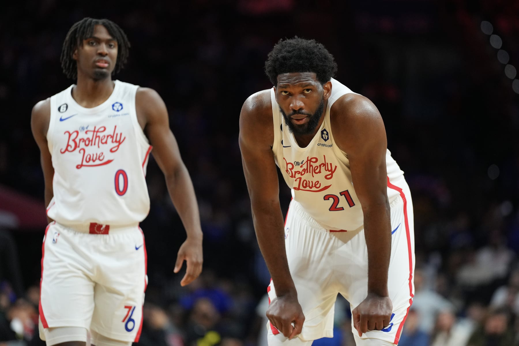PHILADELPHIA, PA - NOVEMBER 13: Tyrese Maxey #0 and Joel Embiid #21 of the Philadelphia 76ers look on against the Utah Jazz at the Wells Fargo Center on November 13, 2022 in Philadelphia, Pennsylvania. NOTE TO USER: User expressly acknowledges and agrees that, by downloading and or using this photograph, User is consenting to the terms and conditions of the Getty Images License Agreement. (Photo by Mitchell Leff/Getty Images)