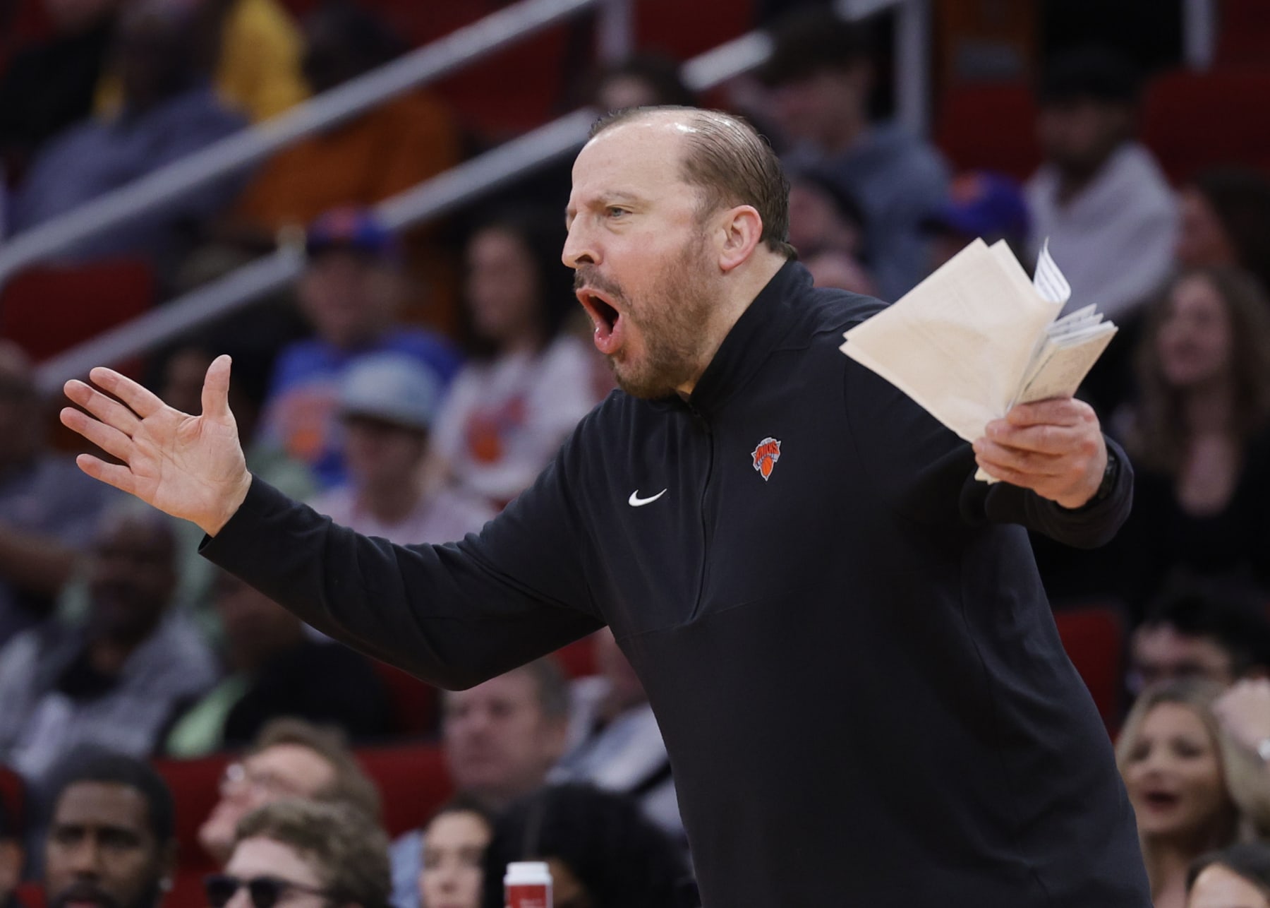 HOUSTON, TEXAS - FEBRUARY 12: New York Knicks head coach Tom Thibodeau reacts against the Houston Rockets during the first half at Toyota Center on February 12, 2024 in Houston, Texas. NOTE TO USER: User expressly acknowledges and agrees that, by downloading and or using this photograph, User is consenting to the terms and conditions of the Getty Images License Agreement. (Photo by Carmen Mandato/Getty Images)