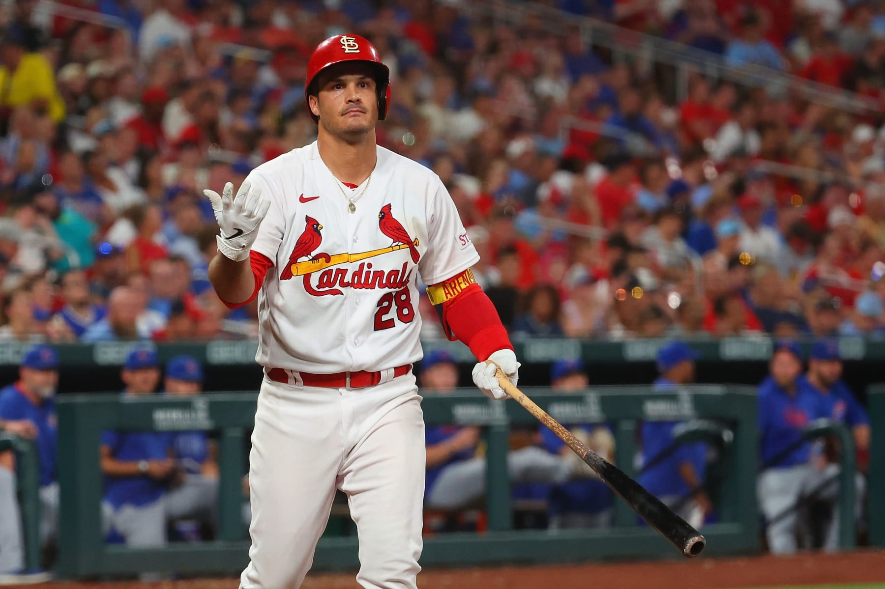 ST LOUIS, MISSOURI - JULY 28: Nolan Arenado #28 of the St. Louis Cardinals reacts after striking out against the Chicago Cubs in the eighth inning at Busch Stadium on July 28, 2023 in St Louis, Missouri. (Photo by Dilip Vishwanat/Getty Images)