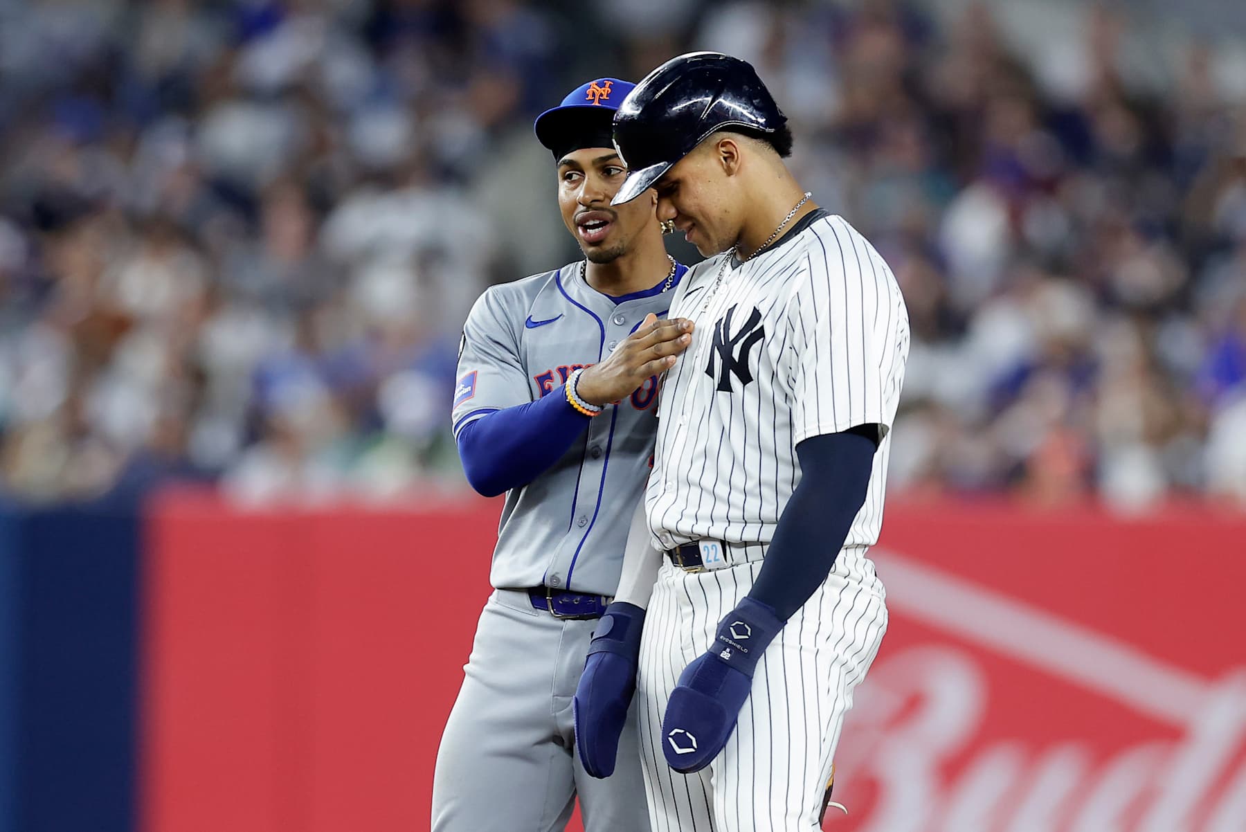 NEW YORK, NEW YORK - JULY 24:  Juan Soto #22 of the New York Yankees stands at second base during the fifth inning with Francisco Lindor #12 of the New York Mets at Yankee Stadium on July 24, 2024 in New York City. (Photo by Jim McIsaac/Getty Images)