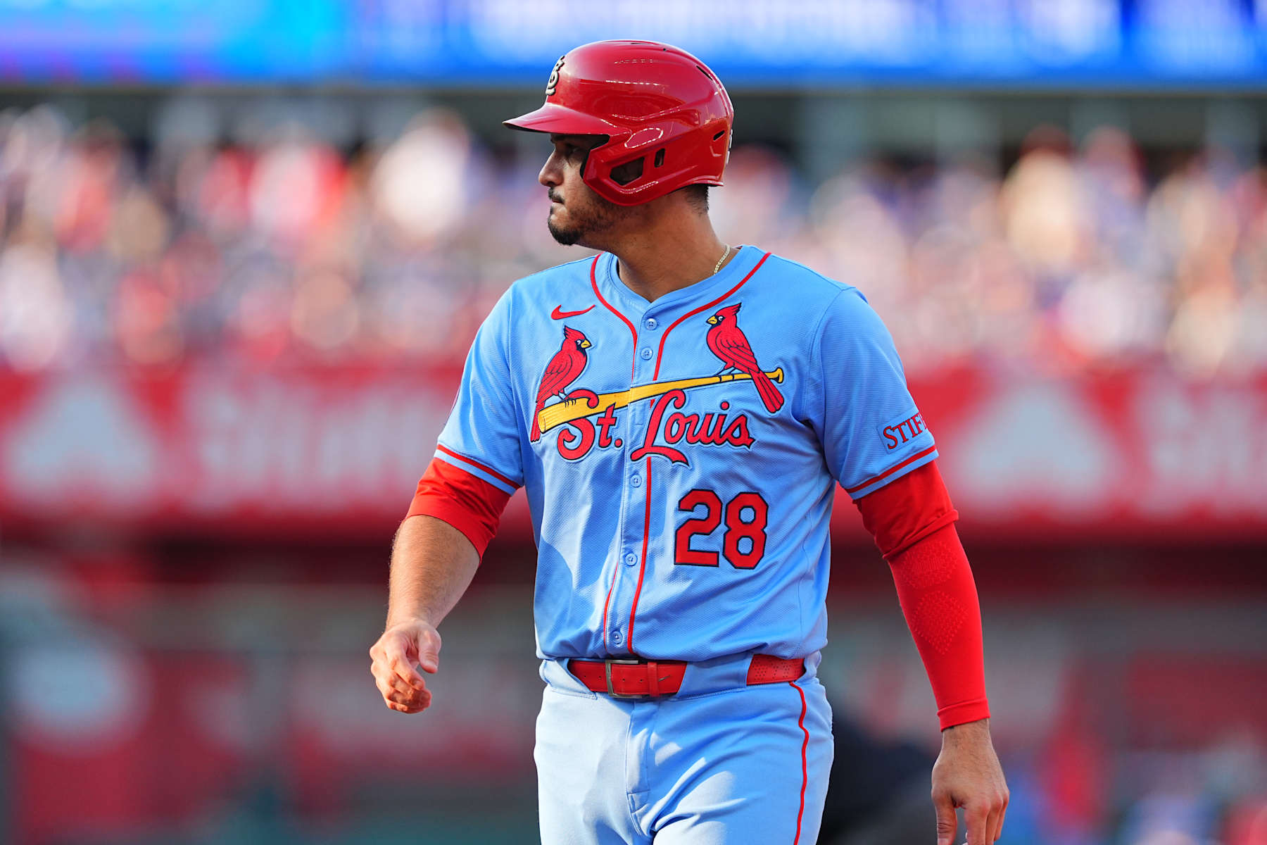 KANSAS CITY, MO - AUGUST 10: Nolan Arenado #28 of the St. Louis Cardinals looks on during the game between the St. Louis Cardinals and the Kansas City Royals at Kauffman Stadium on Saturday, August 10, 2024 in Kansas City, Missouri. (Photo by Kyle Rivas/MLB Photos via Getty Images)