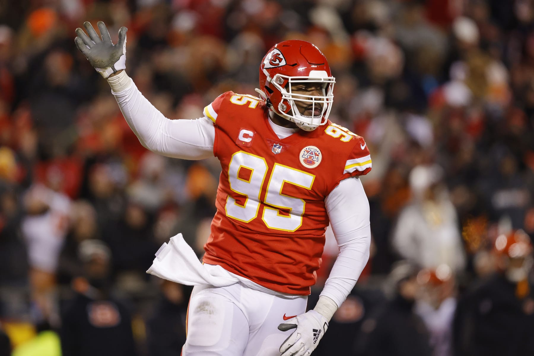 KANSAS CITY, MISSOURI - JANUARY 29: Chris Jones #95 of the Kansas City Chiefs reacts after sacking Joe Burrow #9 of the Cincinnati Bengals during the fourth quarter in the AFC Championship Game at GEHA Field at Arrowhead Stadium on January 29, 2023 in Kansas City, Missouri. (Photo by David Eulitt/Getty Images)
