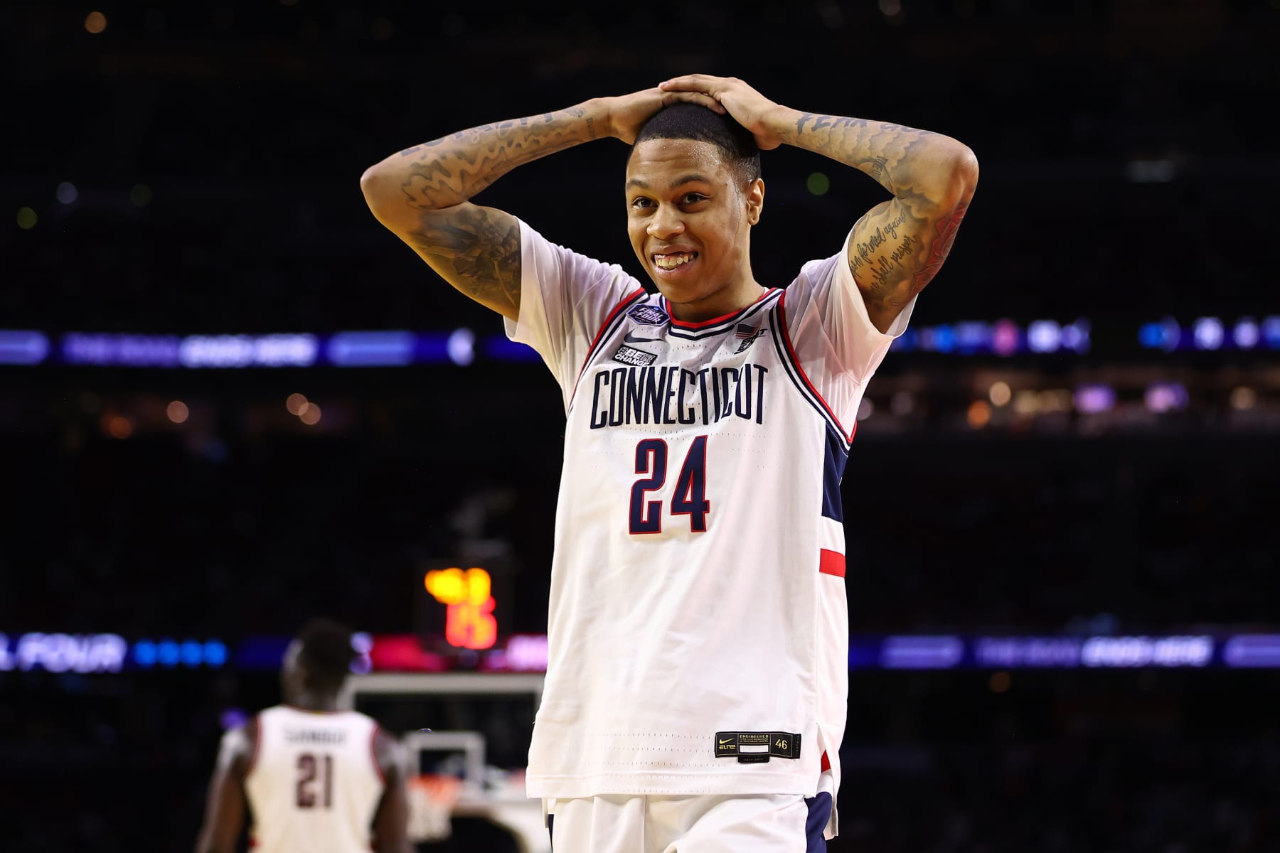 HOUSTON, TEXAS - APRIL 03: Jordan Hawkins #24 of the Connecticut Huskies reacts during the second half of the NCAA Men's Basketball Tournament National Championship game against the San Diego State Aztecs at NRG Stadium on April 03, 2023 in Houston, Texas. (Photo by Jamie Schwaberow/NCAA Photos via Getty Images)