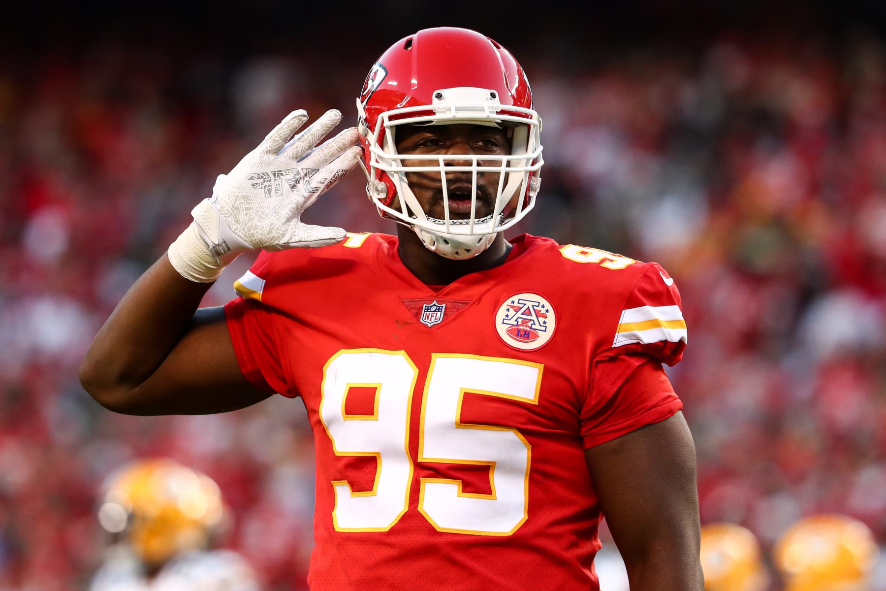 KANSAS CITY, MO - NOVEMBER 7: Chris Jones #95 of the Kansas City Chiefs pumps up the crowd during an NFL game against the Green Bay Packers at GEHA Field at Arrowhead Stadium on November 7, 2021 in Kansas City, Missouri. (Photo by Kevin Sabitus/Getty Images)