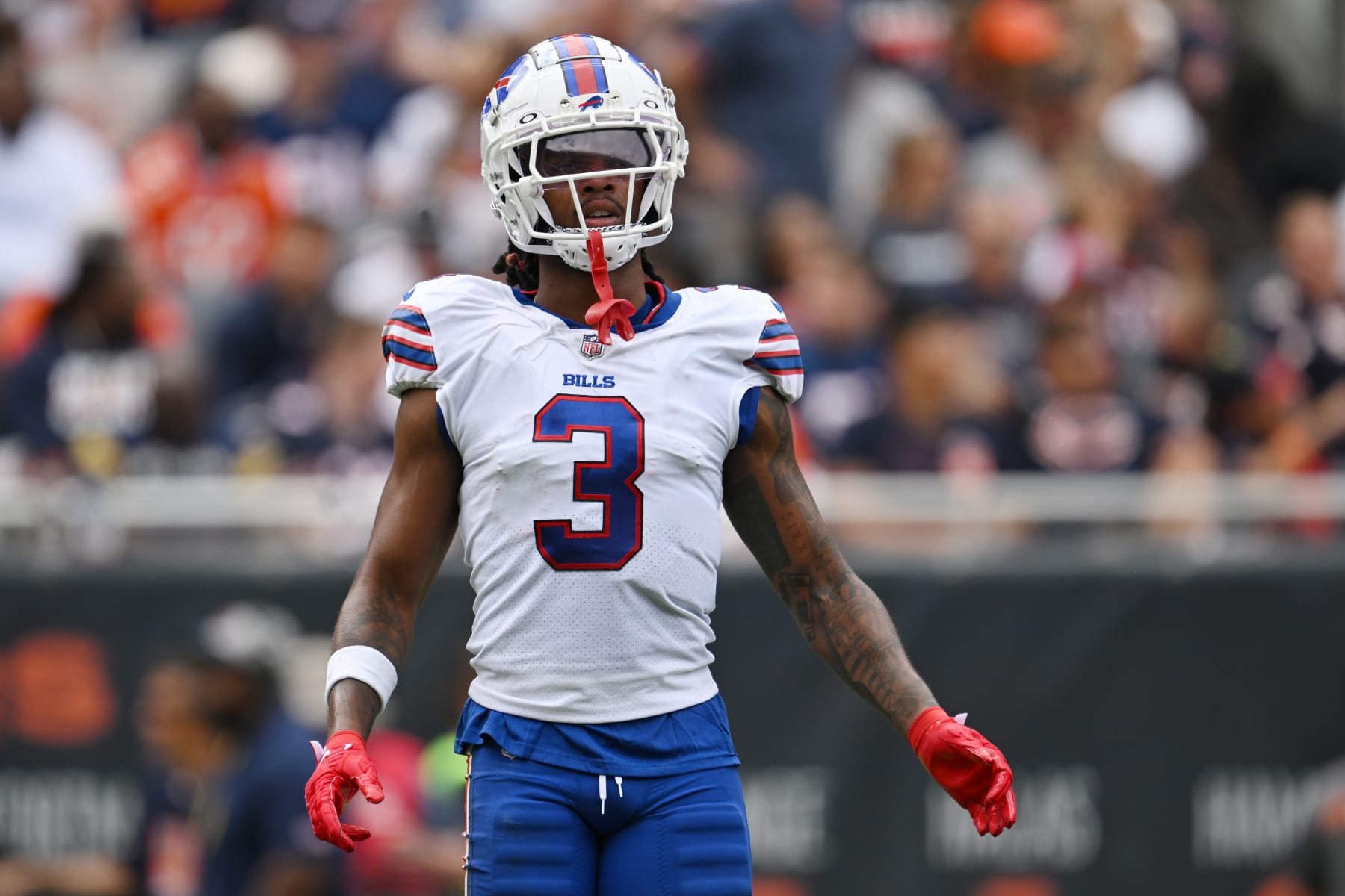 CHICAGO, ILLINOIS - AUGUST 26: Damar Hamlin #3 of the Buffalo Bills reacts in the first half of a preseason game against the Chicago Bears at Soldier Field on August 26, 2023 in Chicago, Illinois. (Photo by Quinn Harris/Getty Images)