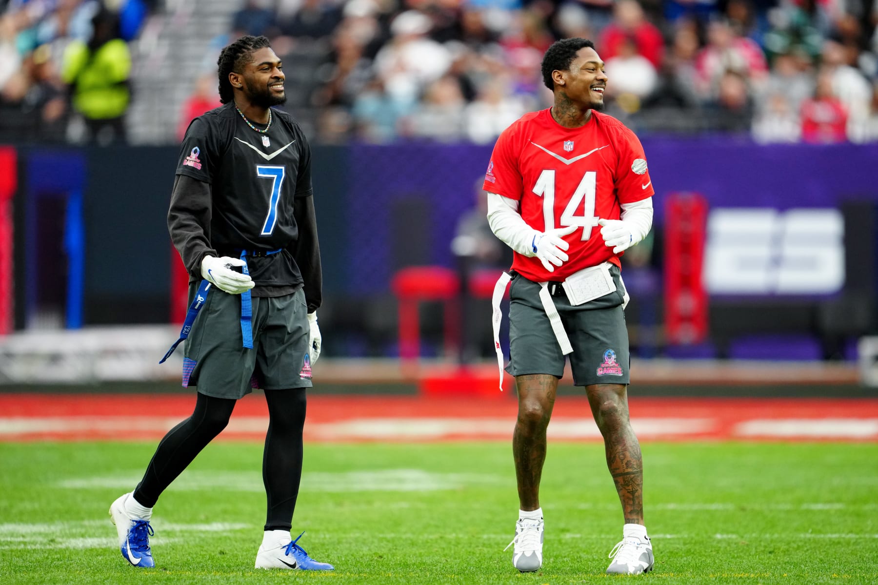 LAS VEGAS, NEVADA - FEBRUARY 05: Trevon Diggs of the Dallas Cowboys and NFC and Stefon Diggs of the Buffalo Bills and AFC talk during the 2023 NFL Pro Bowl Games at Allegiant Stadium on February 05, 2023 in Las Vegas, Nevada. (Photo by Jeff Bottari/Getty Images)