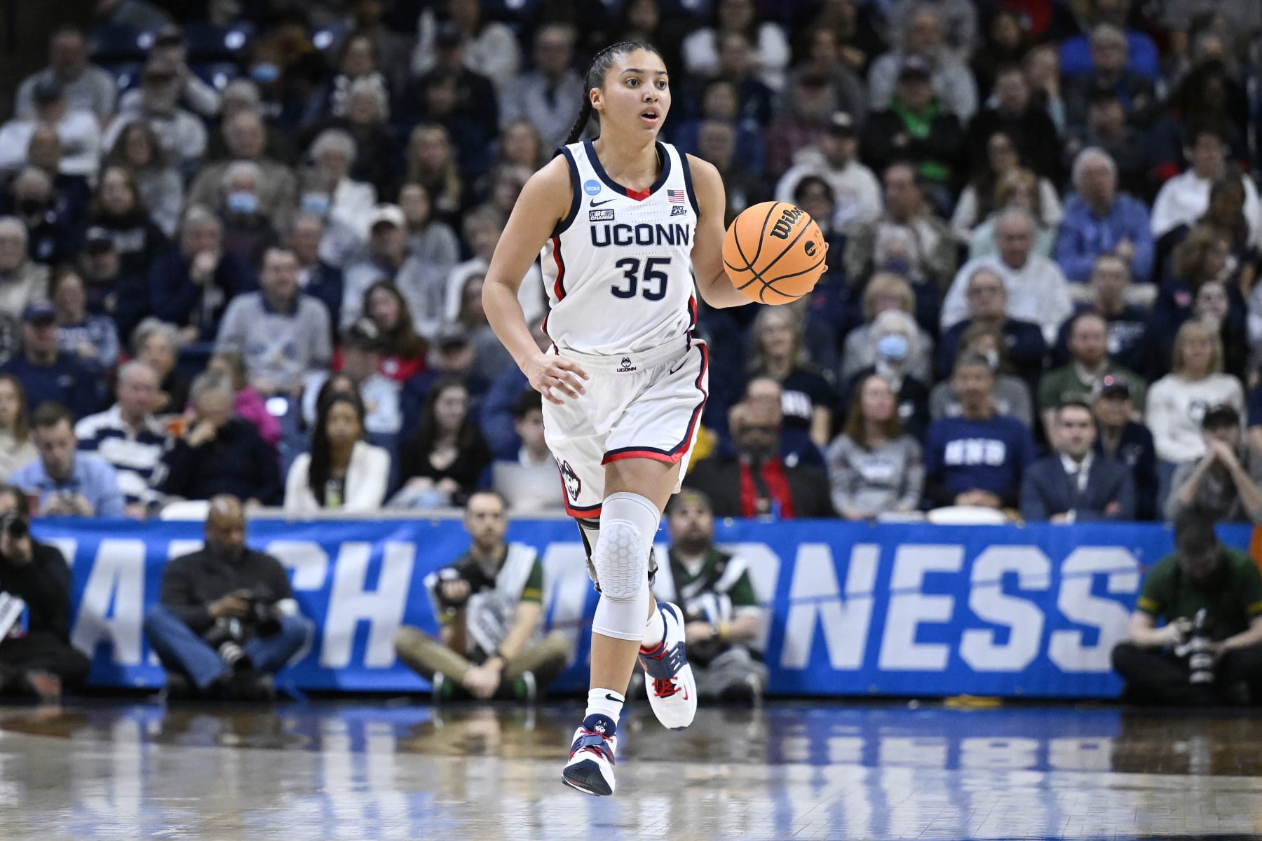 UConn's Azzi Fudd (35) in the first half of a first-round college basketball game against Vermont in the NCAA Tournament, Saturday, March 18, 2023, in Storrs, Conn. (AP Photo/Jessica Hill)