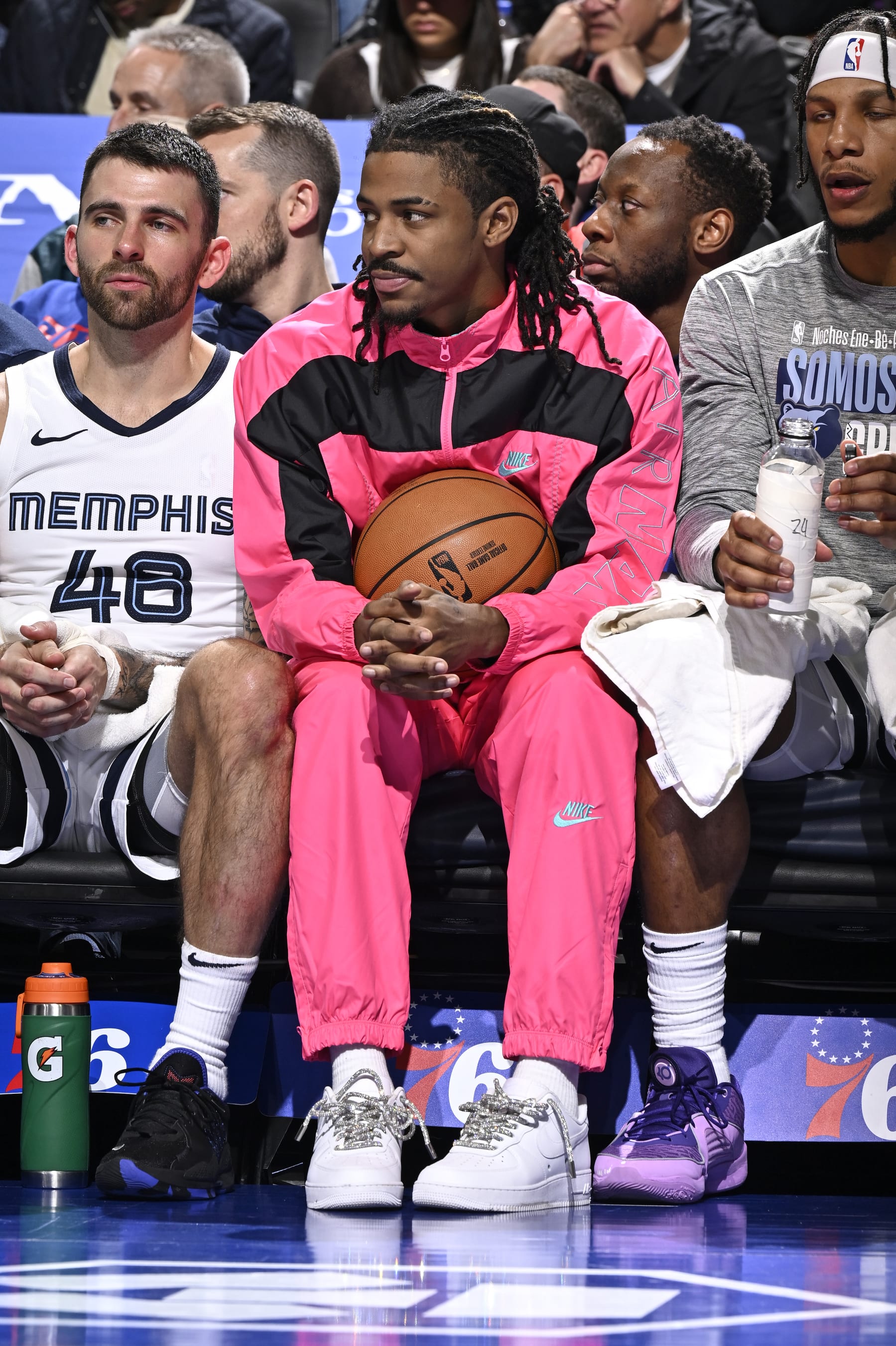 PHILADELPHIA, PA - MARCH 6: Ja Morant #12 of the Memphis Grizzlies looks on during the game against the Philadelphia 76ers on March 6, 2024 at the Wells Fargo Center in Philadelphia, Pennsylvania NOTE TO USER: User expressly acknowledges and agrees that, by downloading and/or using this Photograph, user is consenting to the terms and conditions of the Getty Images License Agreement. Mandatory Copyright Notice: Copyright 2024 NBAE (Photo by David Dow/NBAE via Getty Images)