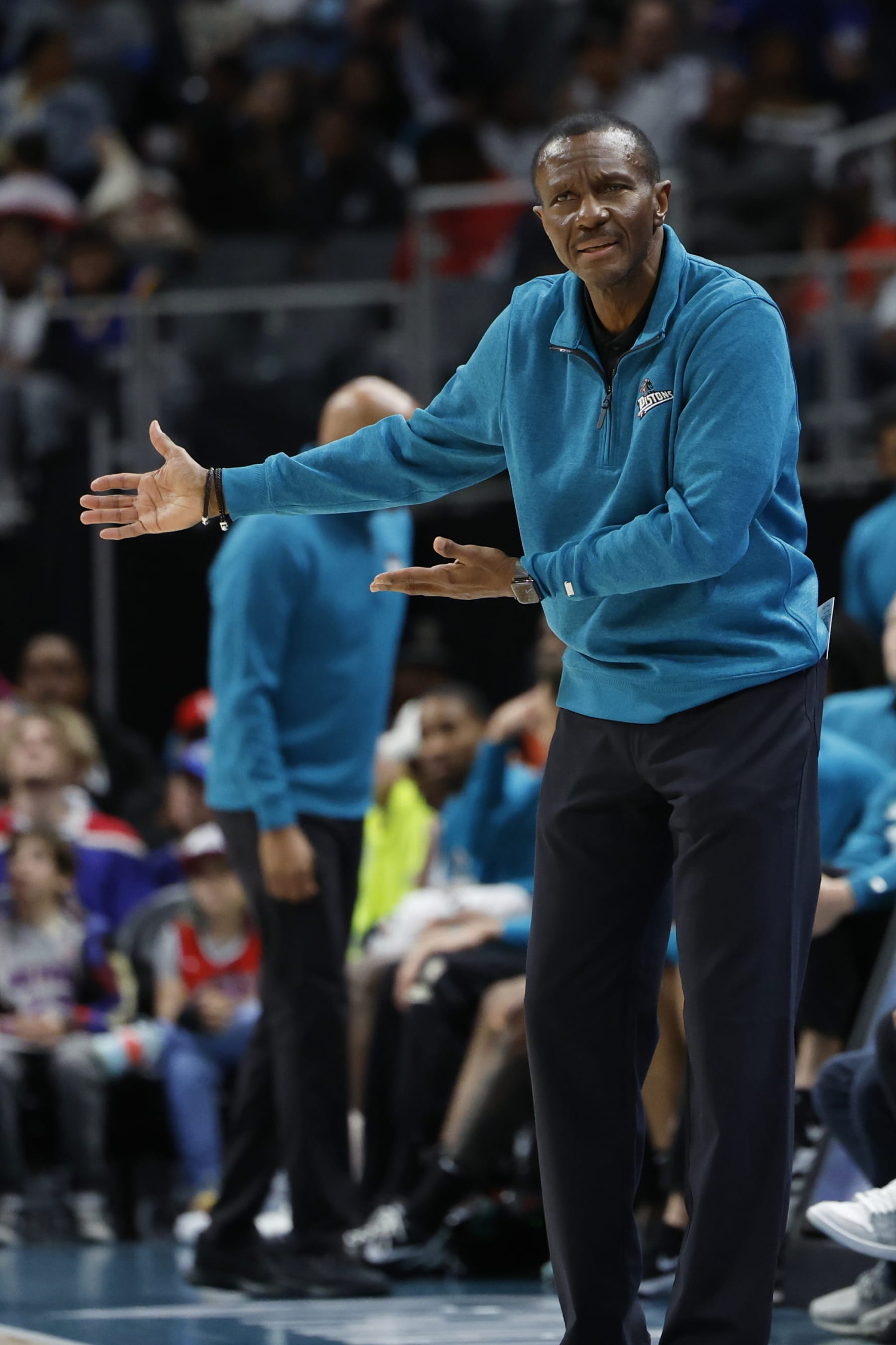 DETROIT, MICHIGAN - OCTOBER 30:  Dwane Casey head coach of the Detroit Pistons reacts during the first half of the game against the Golden State Warriors at Little Caesars Arena on October 30, 2022 in Detroit, Michigan. NOTE TO USER: User expressly acknowledges and agrees that, by downloading and or using this photograph, User is consenting to the terms and conditions of the Getty Images License Agreement.  (Photo by Rick Osentoski/Getty Images)