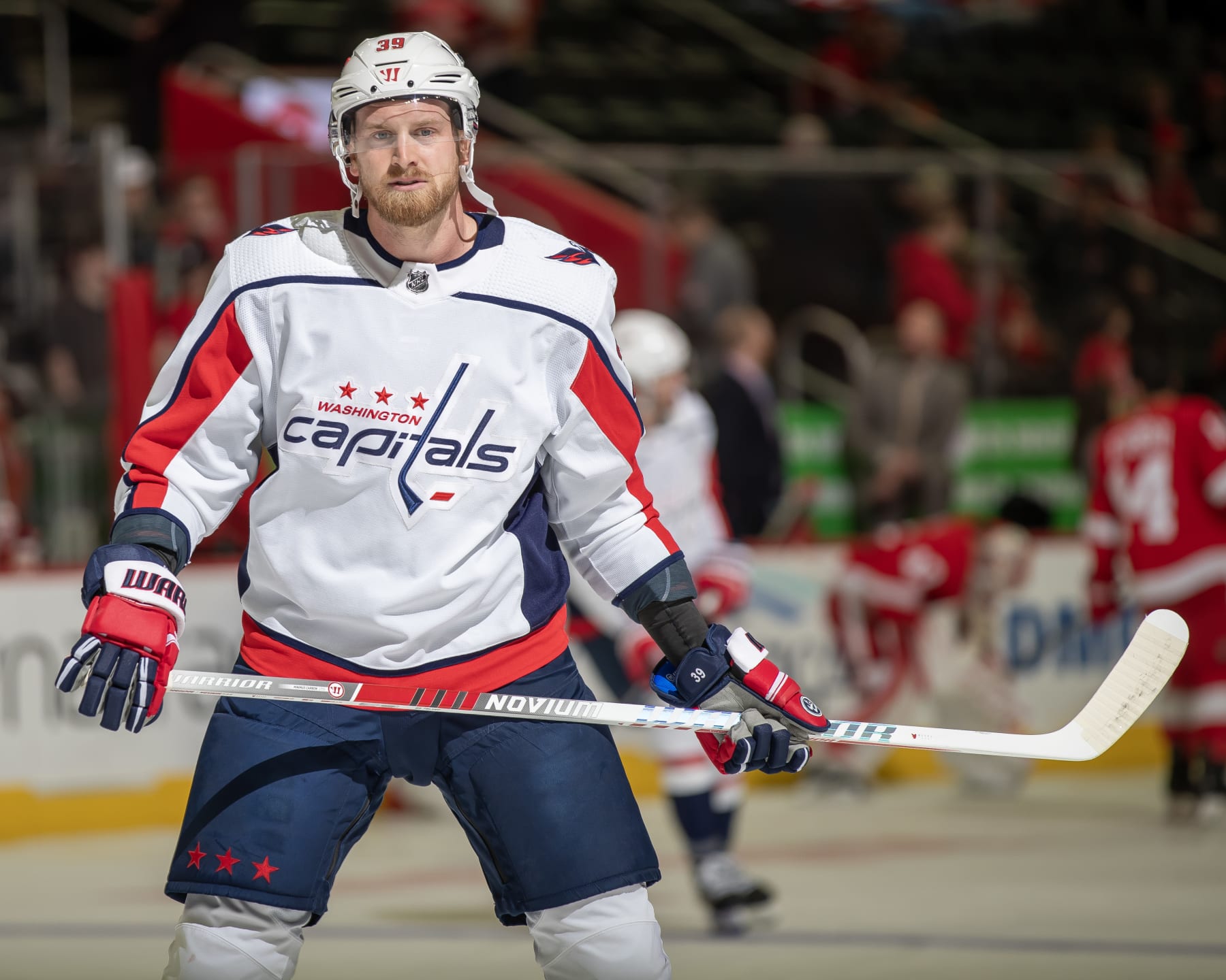 DETROIT, MI - FEBRUARY 27: Anthony Mantha #39 of the Washington Capitals skates around in warm ups before the game against the Detroit Red Wings at Little Caesars Arena on February 27, 2024 in Detroit, Michigan. (Photo by Dave Reginek/NHLI via Getty Images)