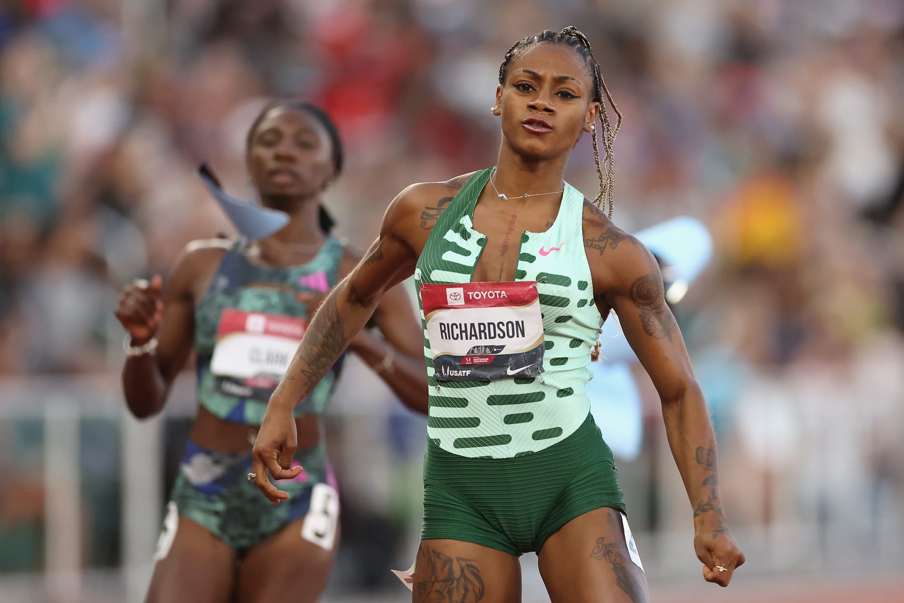EUGENE, OREGON - JULY 07:  Sha'Carri Richardson reacts after winning the Women's 100m Final during the 2023 USATF Outdoor Championships at Hayward Field on July 07, 2023 in Eugene, Oregon. (Photo by Christian Petersen/Getty Images)