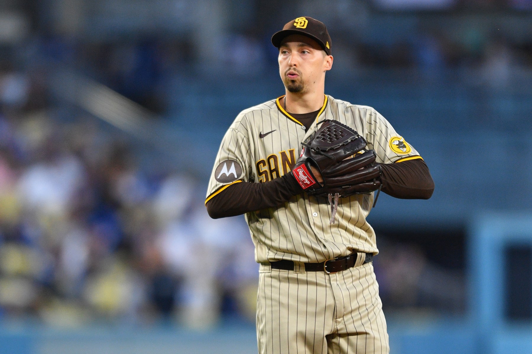 LOS ANGELES, CA - MAY 12: San Diego Padres pitcher Blake Snell (4) looks on during the MLB game between the San Diego Padres and the Los Angeles Dodgers on May 12, 2023 at Dodger Stadium in Los Angeles, CA. (Photo by Brian Rothmuller/Icon Sportswire via Getty Images)