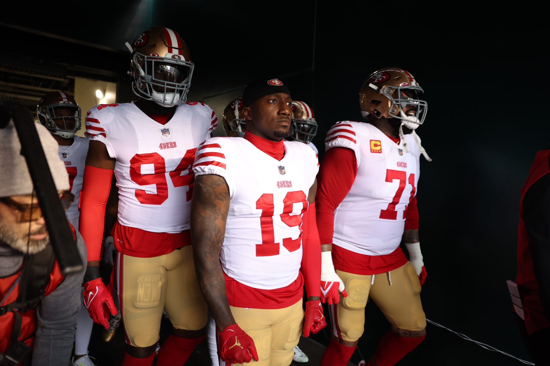 Football: NFC Championship: San Francisco 49ers Deebo Samuel (19), Charles Omenihu (94) and Trent Williams (71) in action, walk in the tunnel prior to game vs Philadelphia Eagles at Lincoln Financial Stadium. 
Philadelphia, PA 1/29/2023 
CREDIT: Simon Bruty (Photo by Simon Bruty/Sports Illustrated via Getty Images) 
(Set Number: X164295 TK1)
