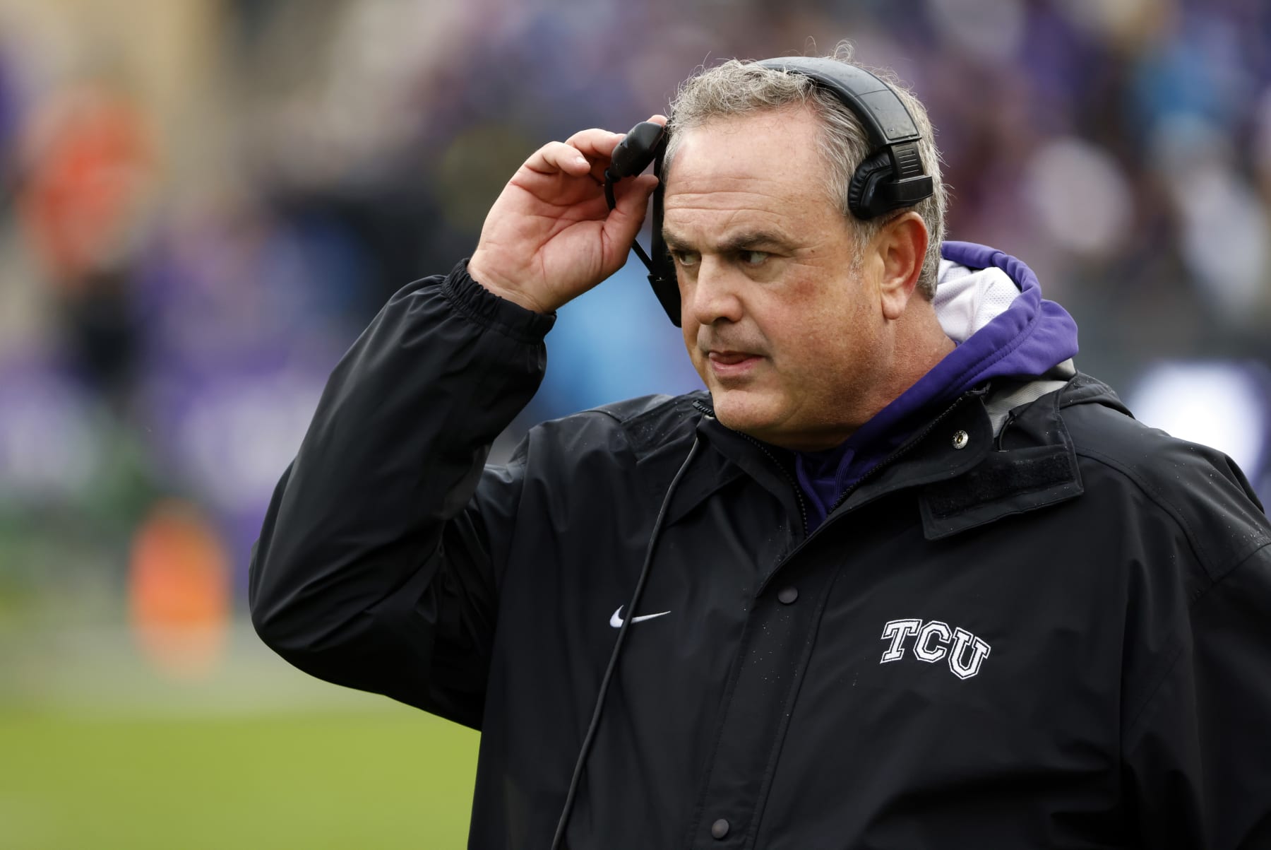 FORT WORTH, TX - NOVEMBER 26: Head coach Sonny Dykes of the TCU Horned Frogs reacts as TCU takes on the Iowa State Cyclones during the first half at Amon G. Carter Stadium on November 26, 2022 in Fort Worth, Texas. (Photo by Ron Jenkins/Getty Images)