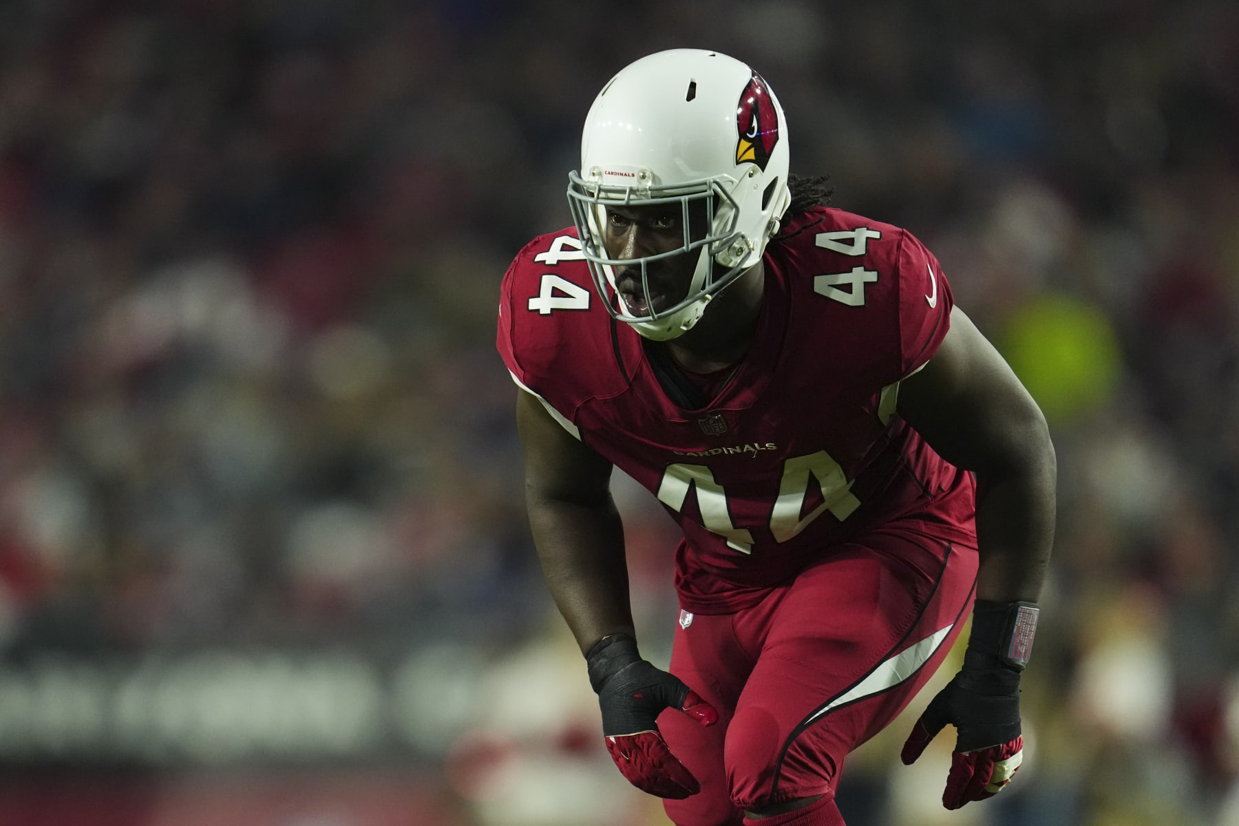 GLENDALE, AZ - DECEMBER 12: Markus Golden #44 of the Arizona Cardinals gets set against the New England Patriots at State Farm Stadium on December 12, 2022 in Glendale, Arizona. (Photo by Cooper Neill/Getty Images)