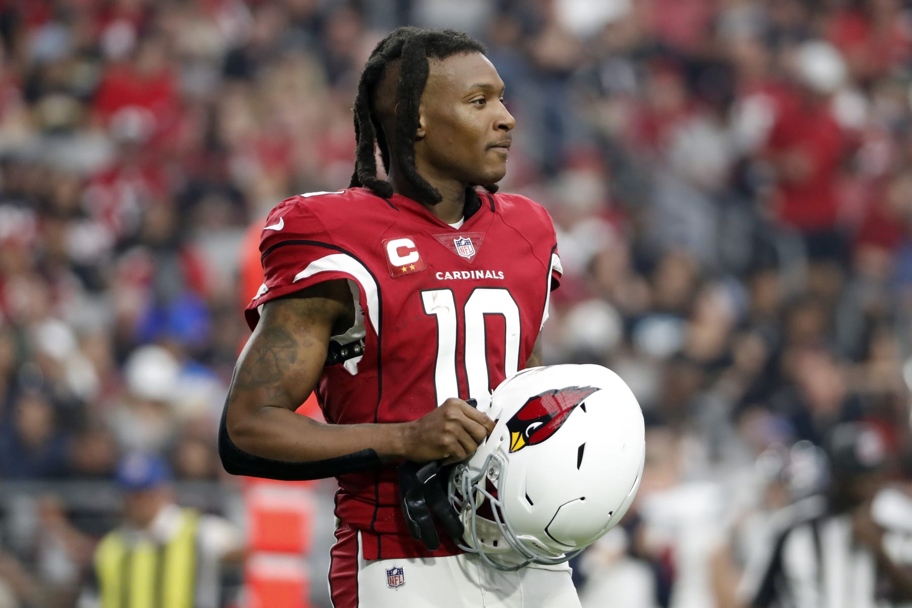 GLENDALE, ARIZONA - OCTOBER 24: Wide receiver DeAndre Hopkins #10 of the Arizona Cardinals stands on the field between plays during the game against the Houston Texans at State Farm Stadium on October 24, 2021 in Glendale, Arizona. The Cardinals beat the Texans 31-5.  (Photo by Chris Coduto/Getty Images)